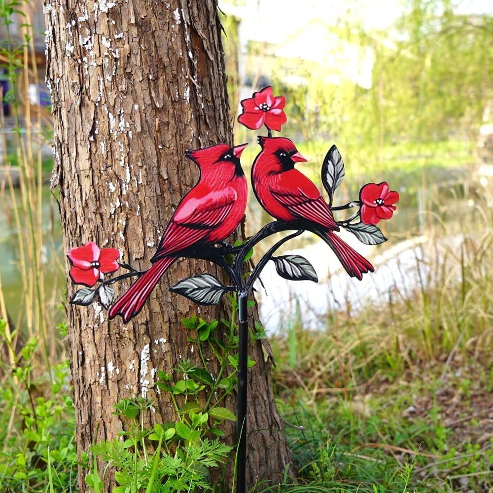 Red Cardinal Garden Stake – Metal Outdoor Decor for Patio & Yard(Red Cardinal-b)