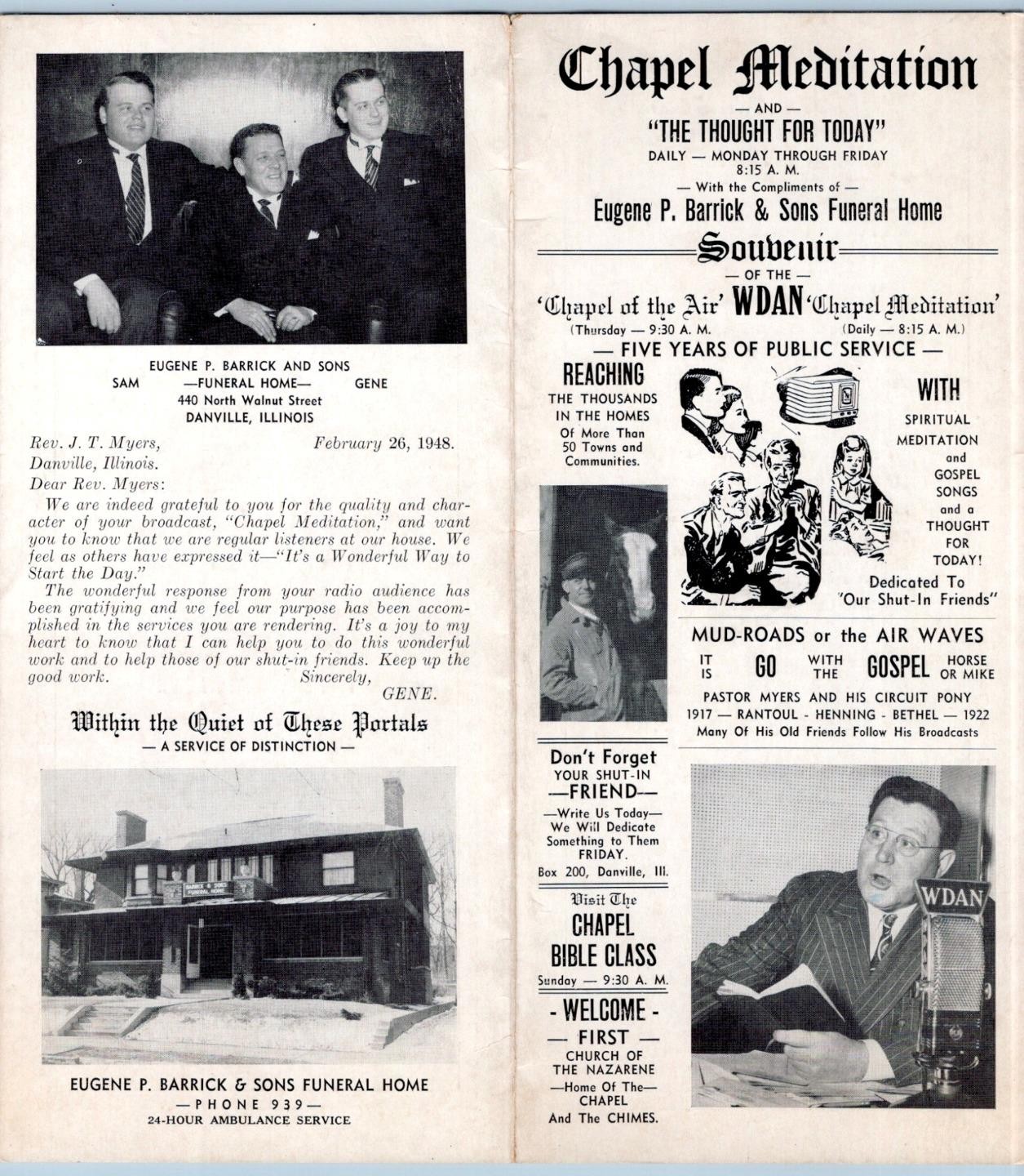 1948 BARRICK & SONS FUNERAL HOME DANVILLE ILLINOIS ADVERTISING FOLDER WDAN RADIO
