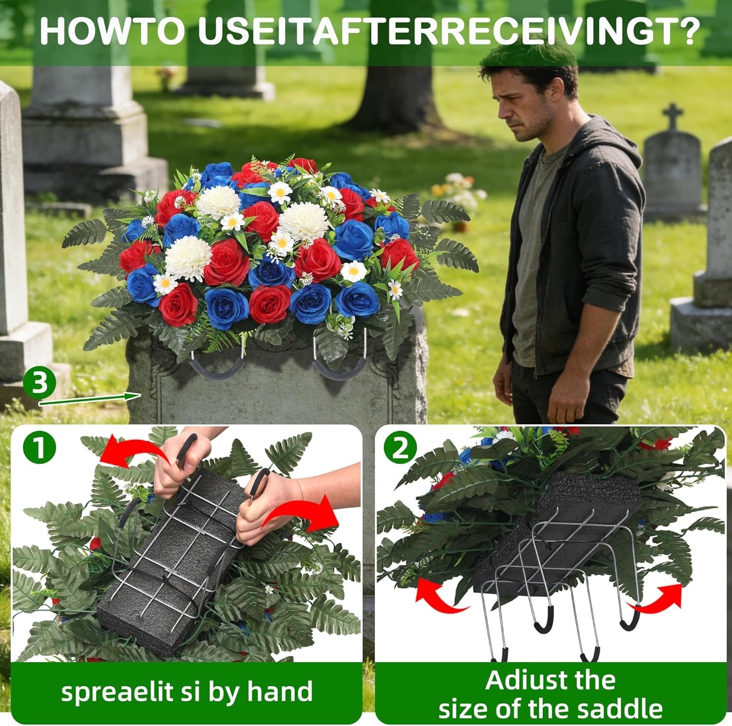 Headstone Flower Saddle,Large Artificial Cemetery Flowers for Grave Roses & C…