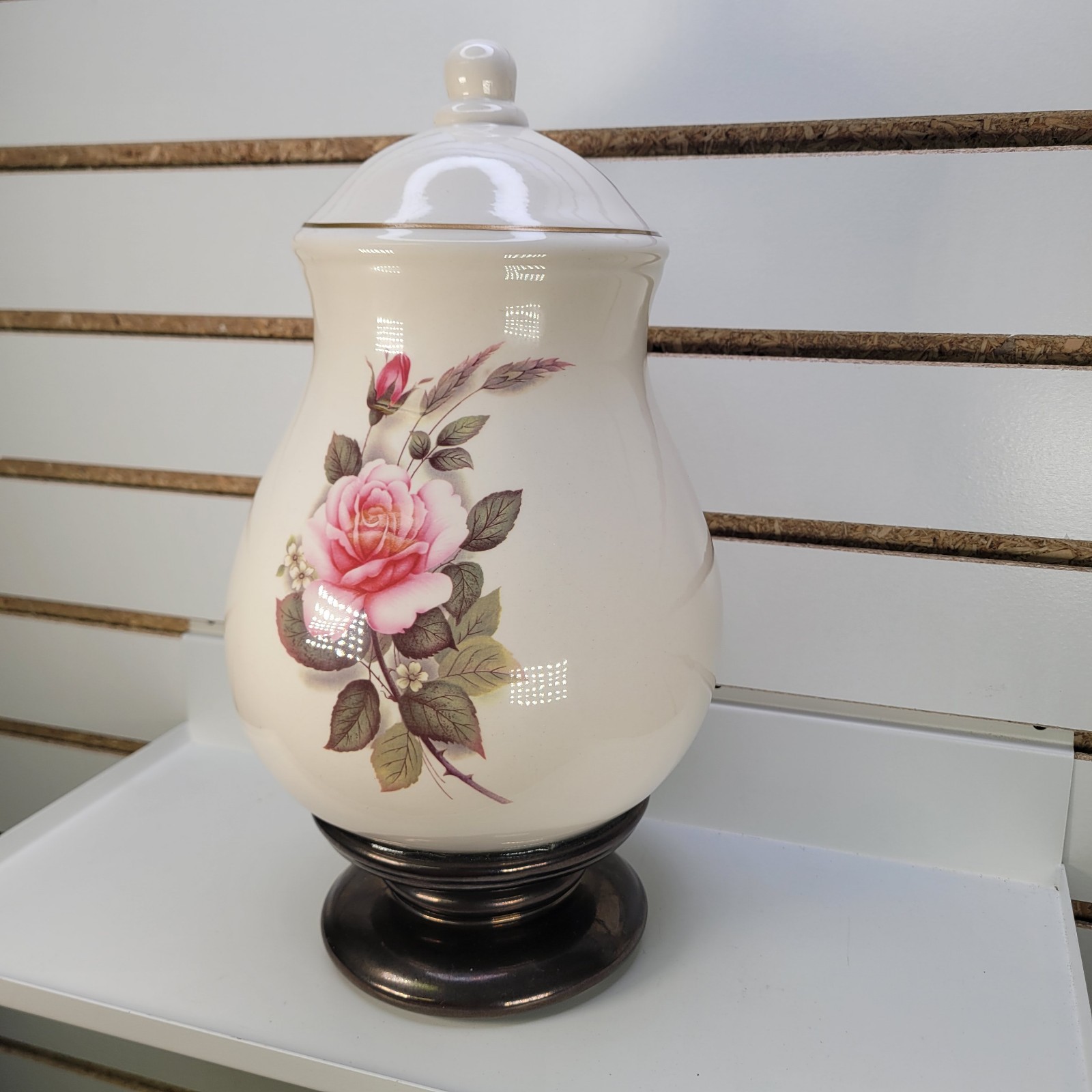 Large Ceramic Cremation Urn 13” Pink Rose Floral Memorial Bottom Access