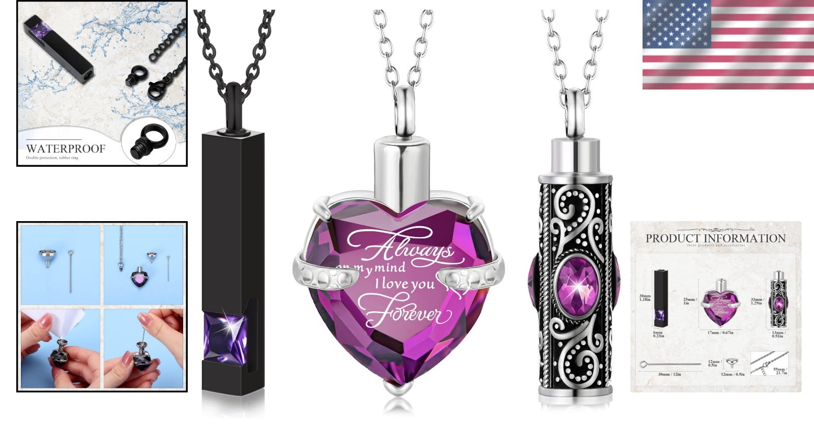 Elegant Memorial Pendant Set: 3 Cremation Urn Necklaces with Zircon Design