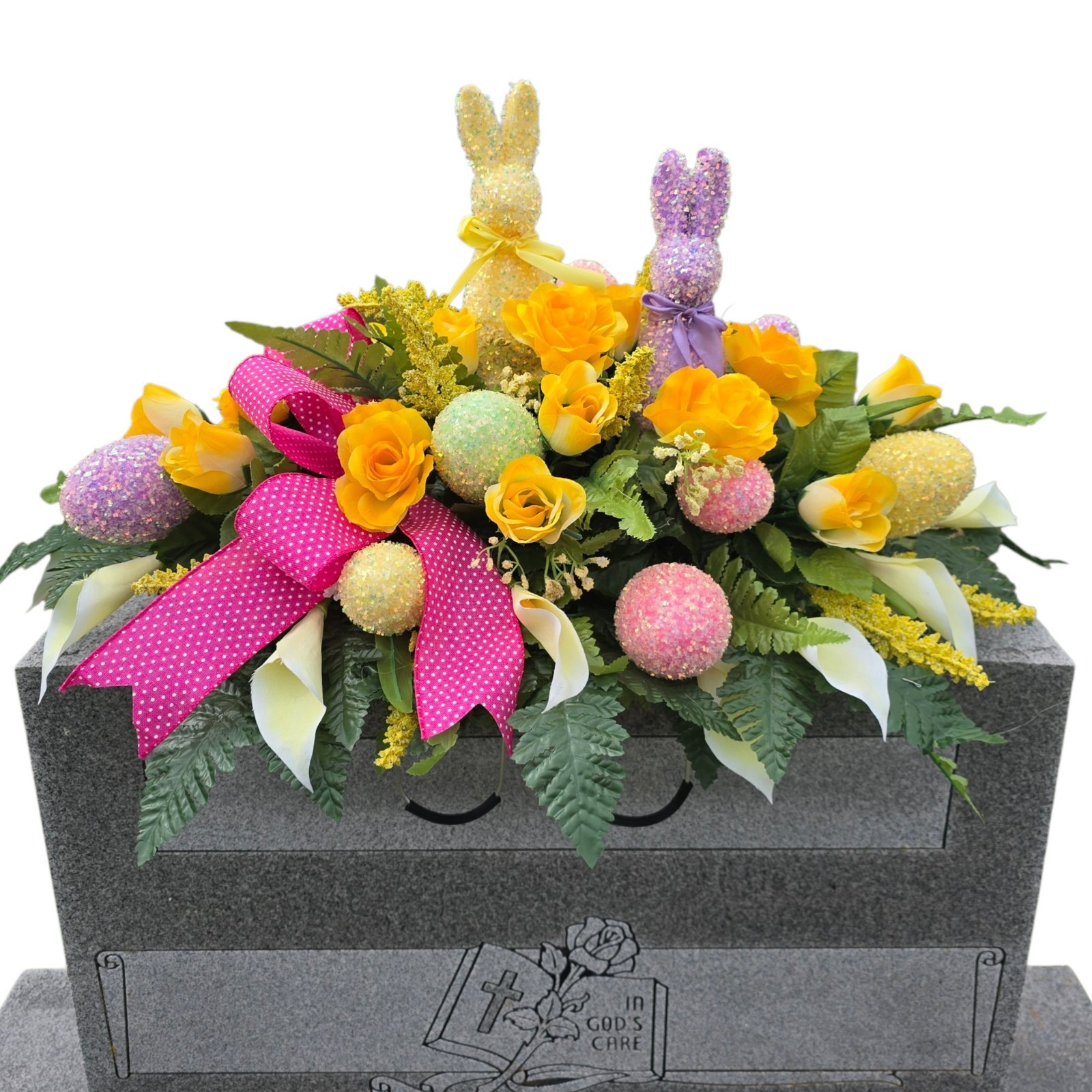EASTER HEADSTONE SADDLE, YELLOW GRAVE FLOWERS WITH BUNNIES AND EASTER EGGS