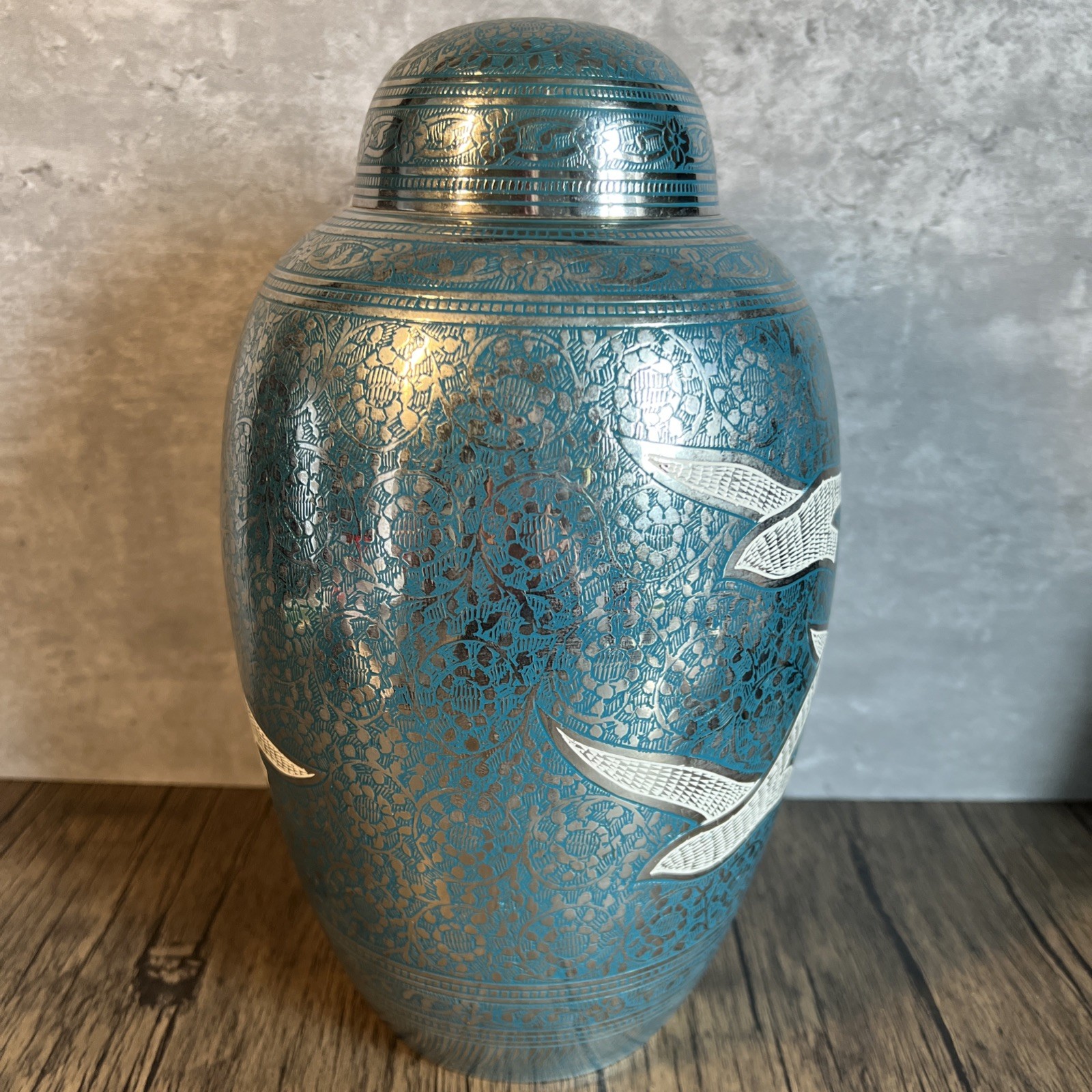 Adult Size URN, High quality Solid Brass Silver with Turquoise etched and Birds