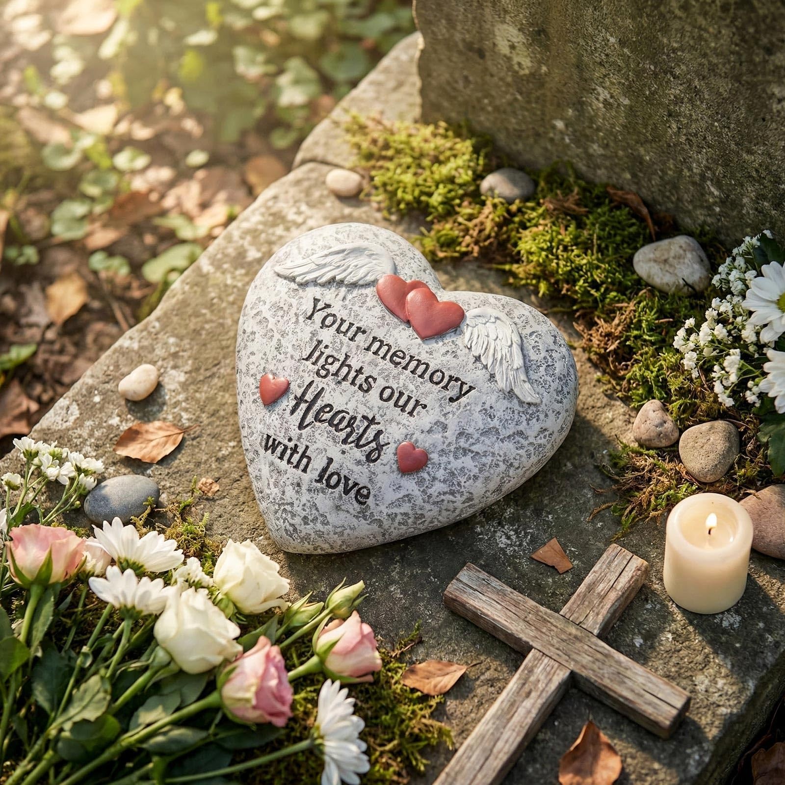 Memorial Garden Stones, Heart Resin Gravesite Angel Wings Garden Stone in Mem…