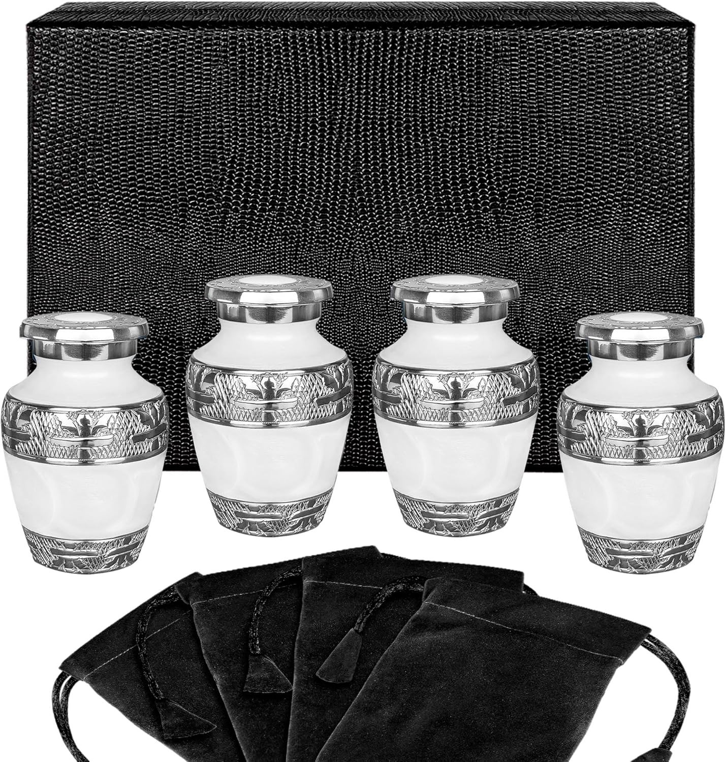 Set of 4 Durable Brass Decorative Mini Urns for Adult Ashes – Pearl White Finish