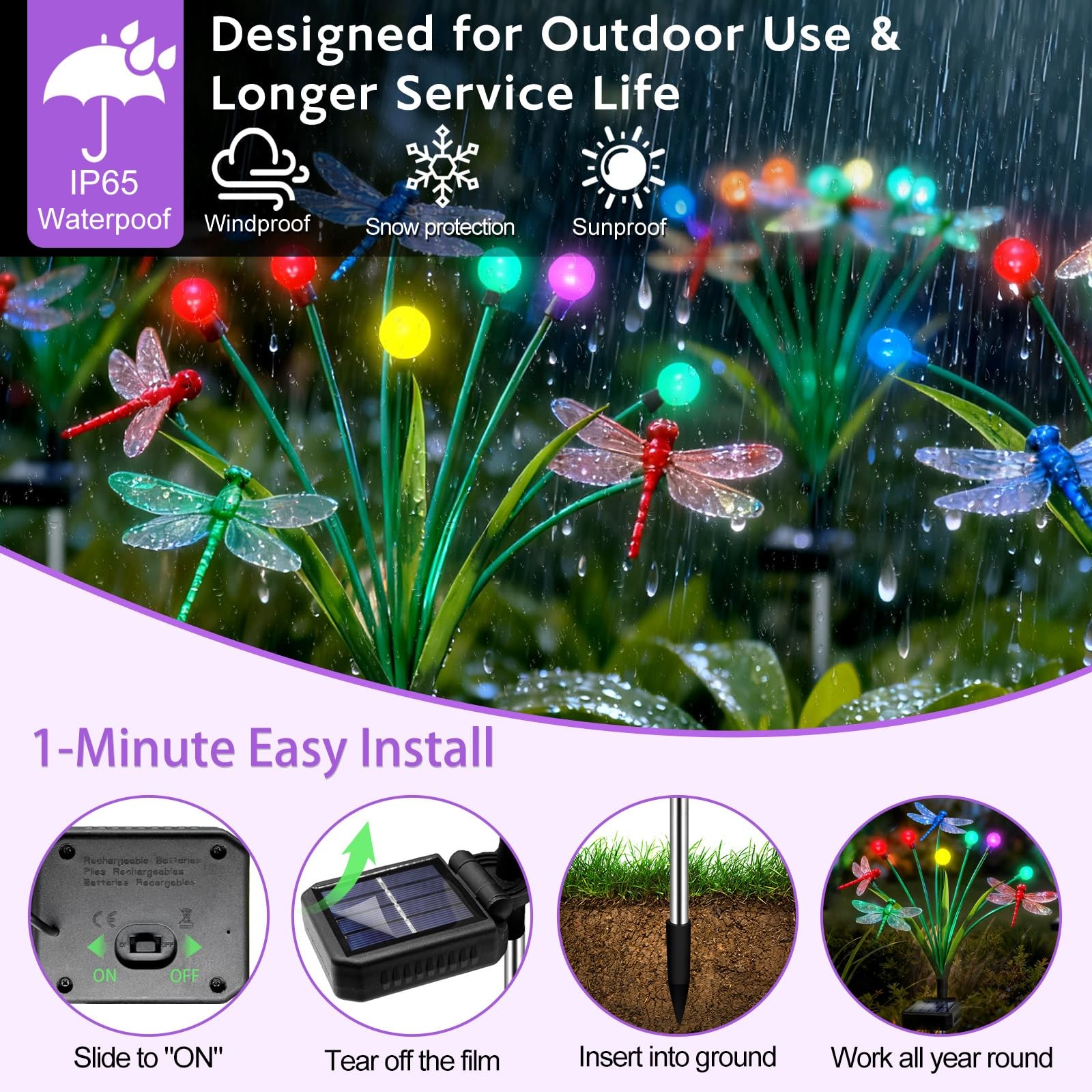 “4 Pack Solar Dragonfly Garden Stakes with 3D Colorful Lights for Outdoor Decor”