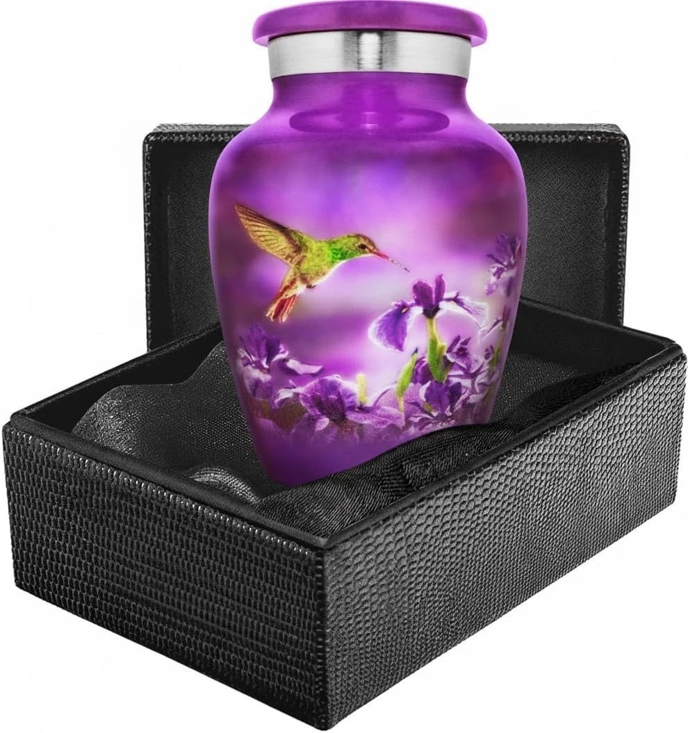 Unique Hummingbird Keepsake Urn – Elegant Small Brass Urn, Velvet Bag Included