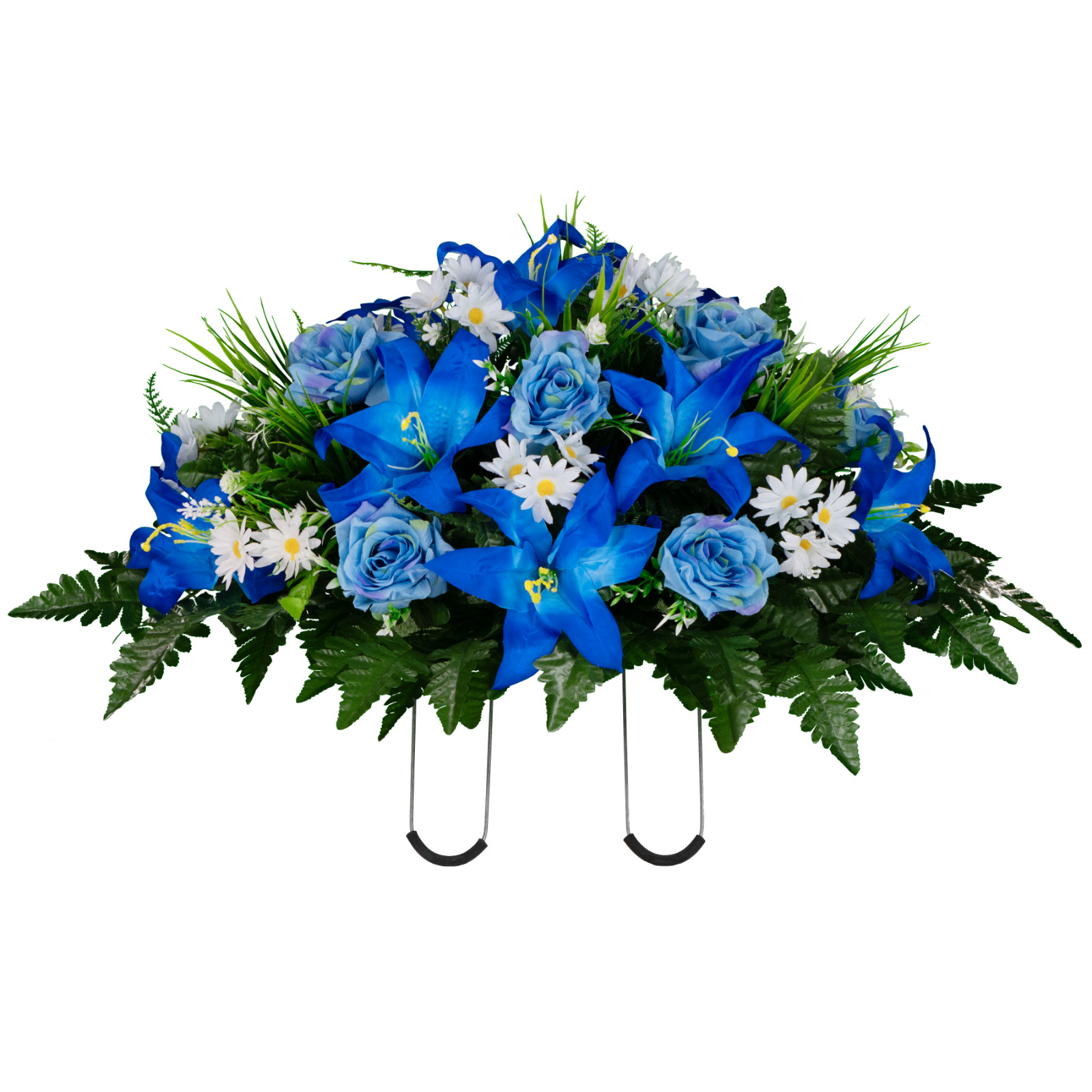Artificial Cemetery Flowers – Blue Lily and Rose with White Daisies Saddle