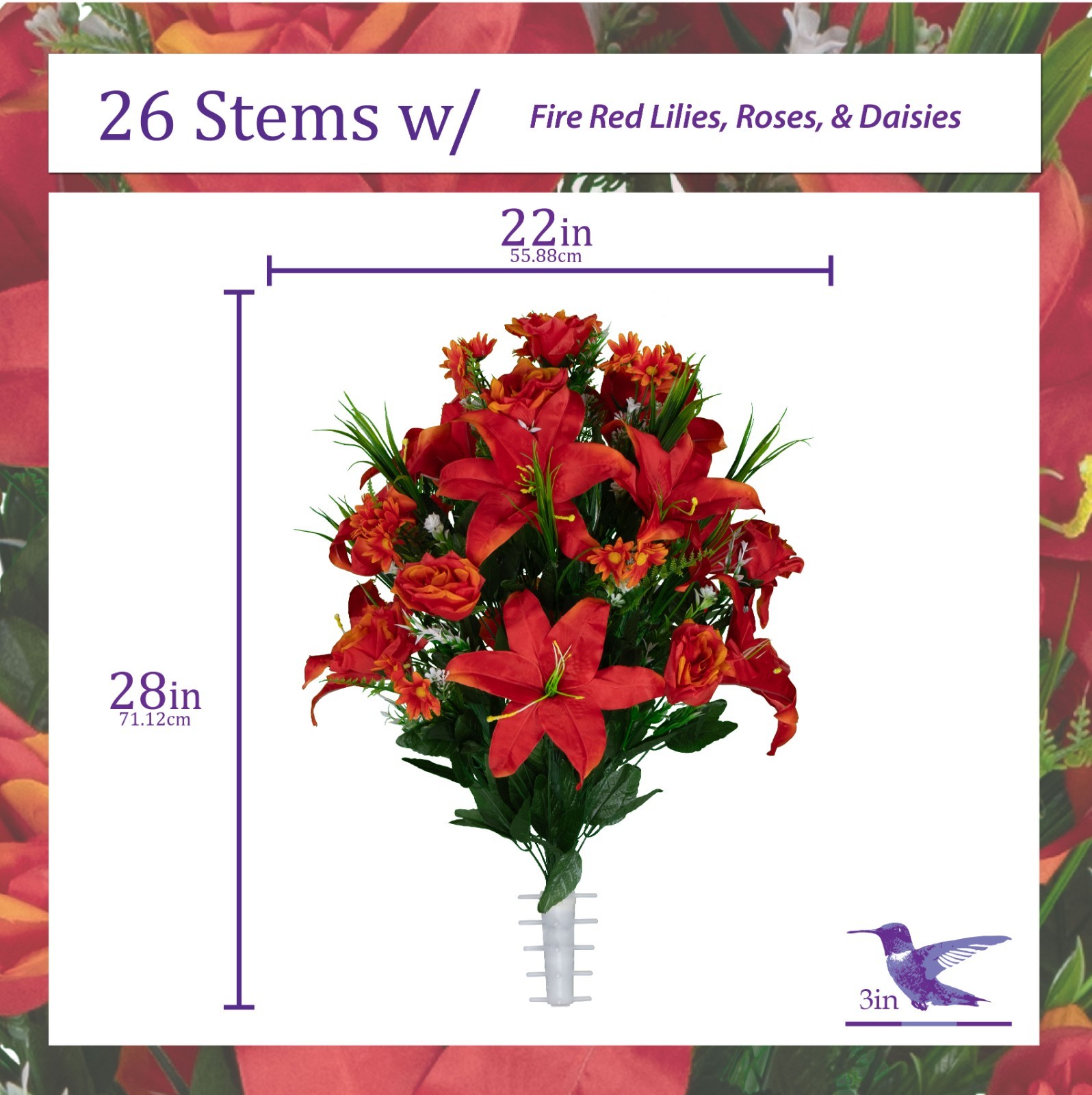 Artificial Gravesite Flowers – Fire Red Lily, Rose, and Daisies Saddle & Bouquet