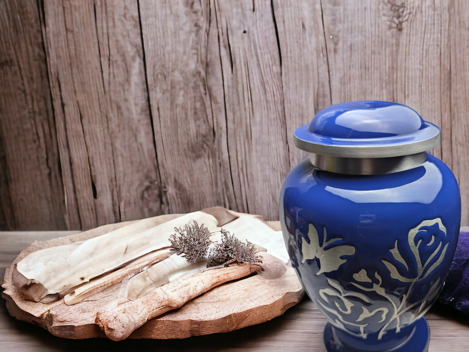 Blue Urn with Butterly & Rose Engraving, Artfully Handcrafted Aluminum