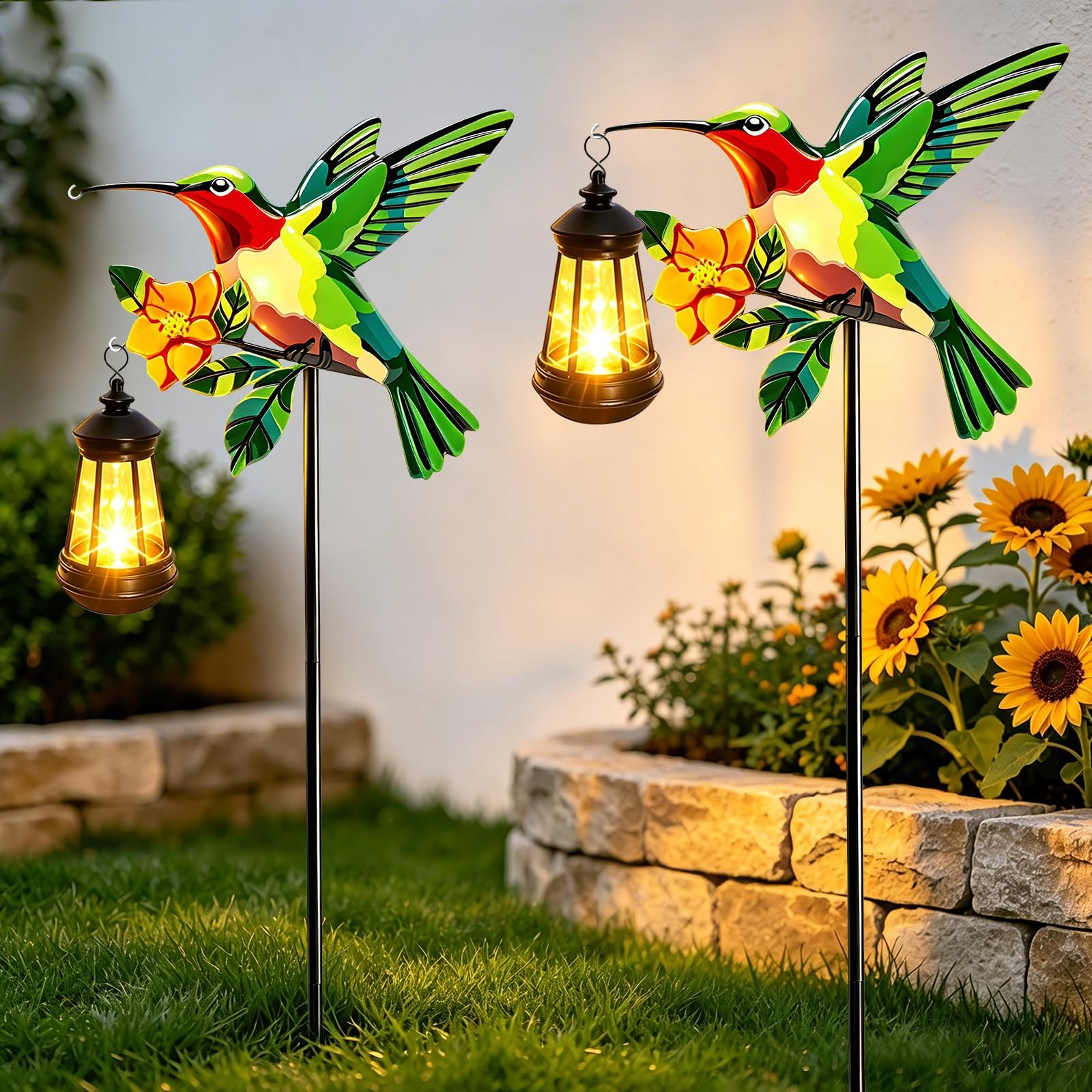 2 Pack Solar Lights Outdoor Waterproof Hummingbird Decorative, 29in Metal Hum…