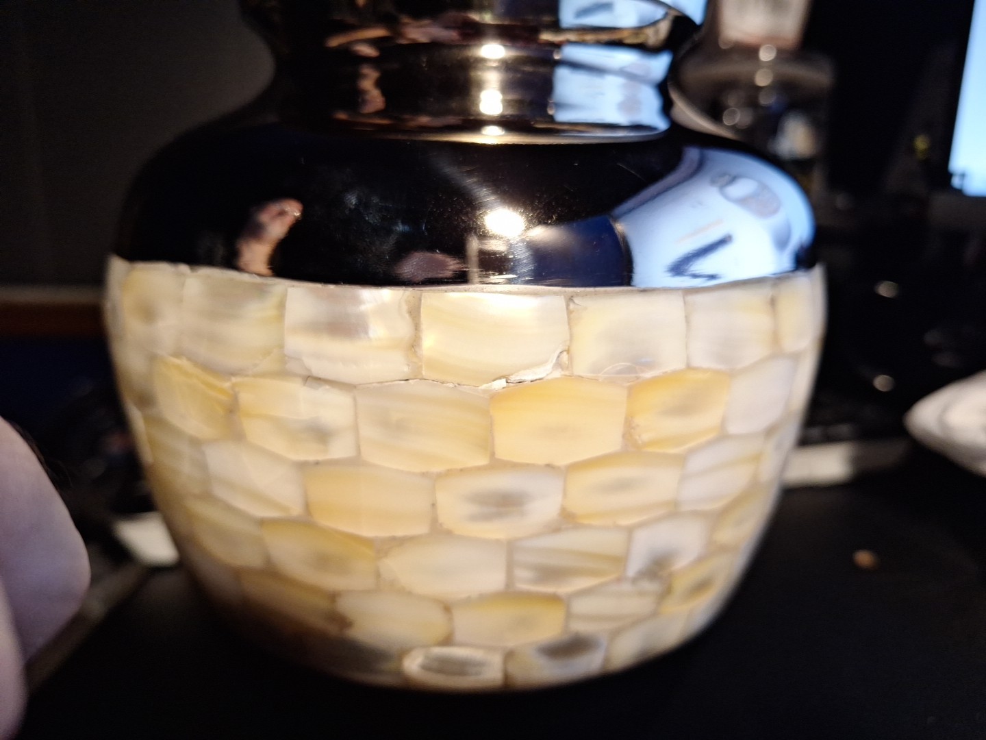 Silver Plated Brass Urn Vase Mother of Pearl Inlay 9″ Decorative As-Is damaged