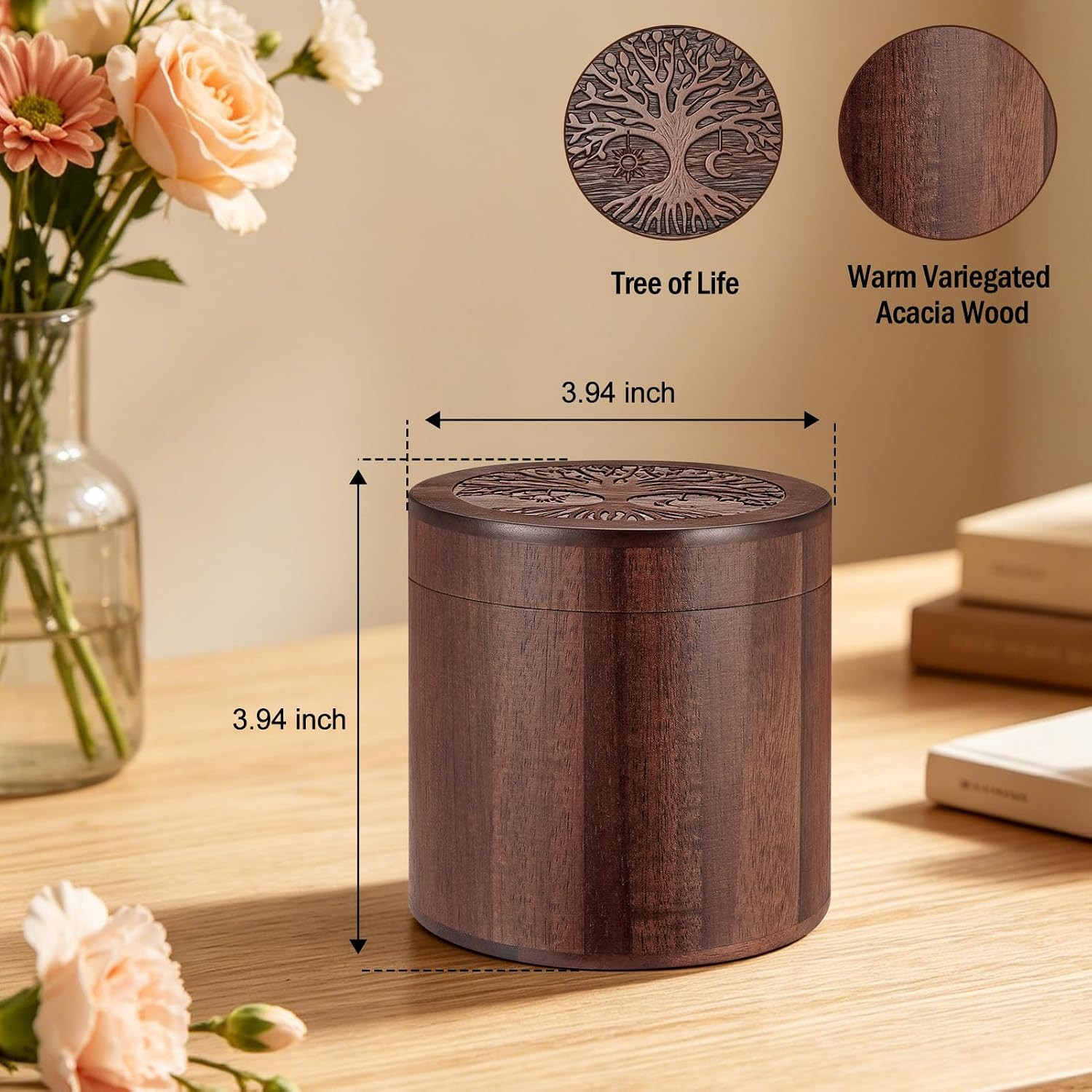 Small Urns for Human Ashes, 3.94Inch Memorial Wooden Box, Acacia Wood Cremation