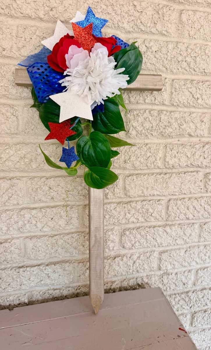 Cemetery Cross Decoration, Red White Blue Floral Memorial Grave Arrangement 24”