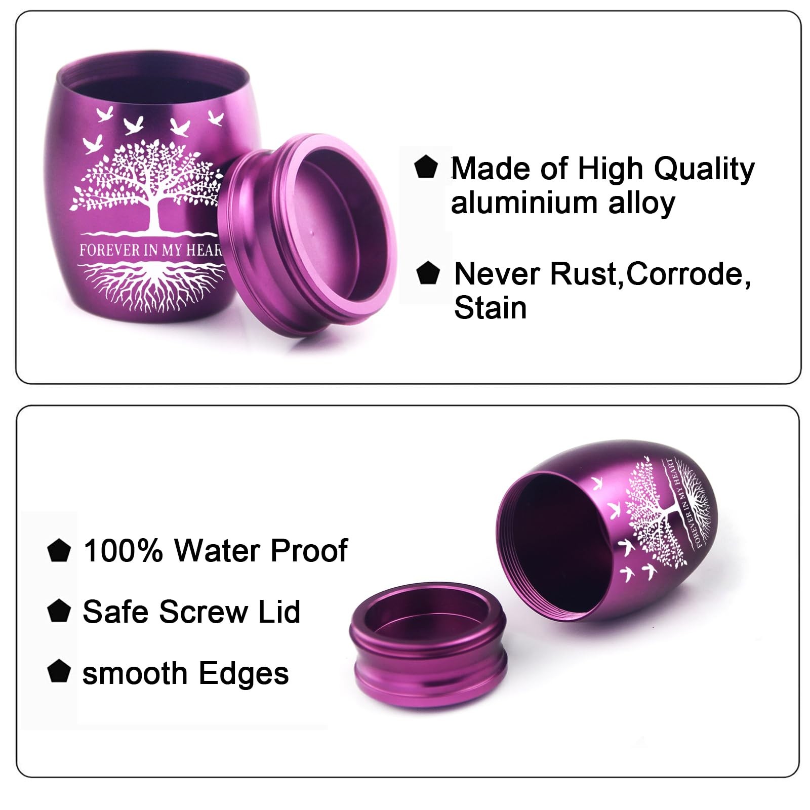 Keepsake Urn for Human Ashes – 4-Piece Set Blue/Purple/Silver/Black – Tree
