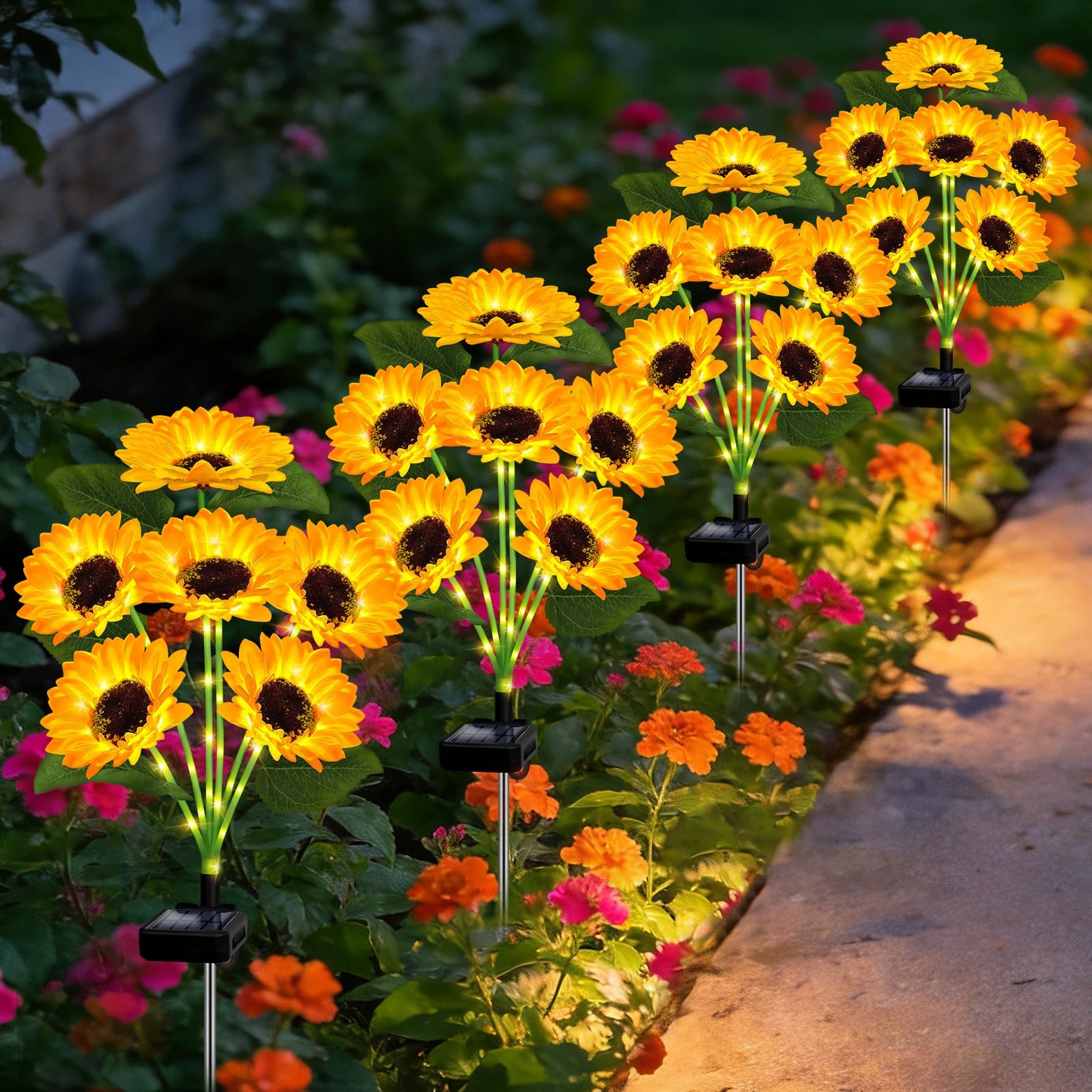 Solar Lights Outdoor Garden Decor,4 Pack with 24 Sunflower Lights,Solar Flowe…