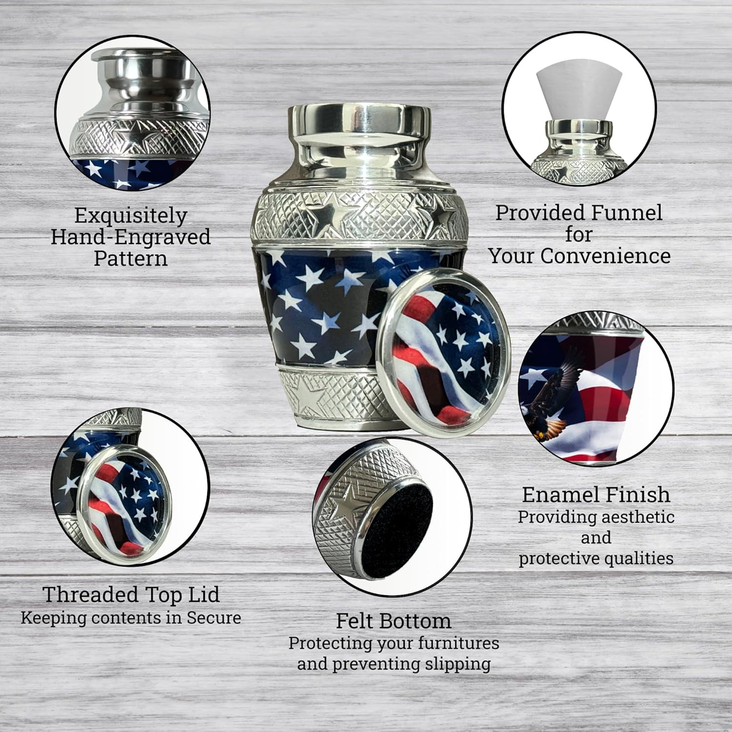 Handcrafted U.S. Flag Set of 4 Keepsake Mini Urns for Ashes, 3 Inches Tall, with