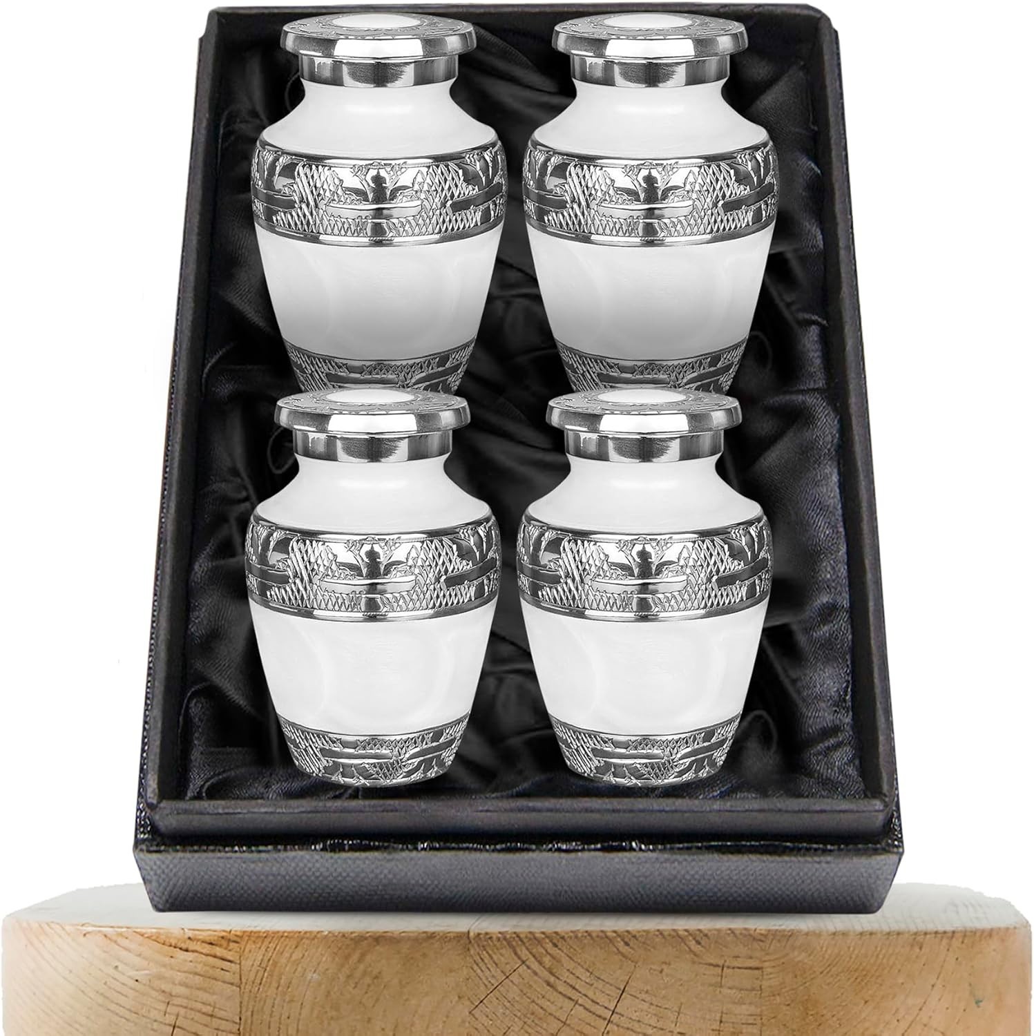 Set of 4 Durable Brass Decorative Mini Urns for Adult Ashes – Pearl White Finish