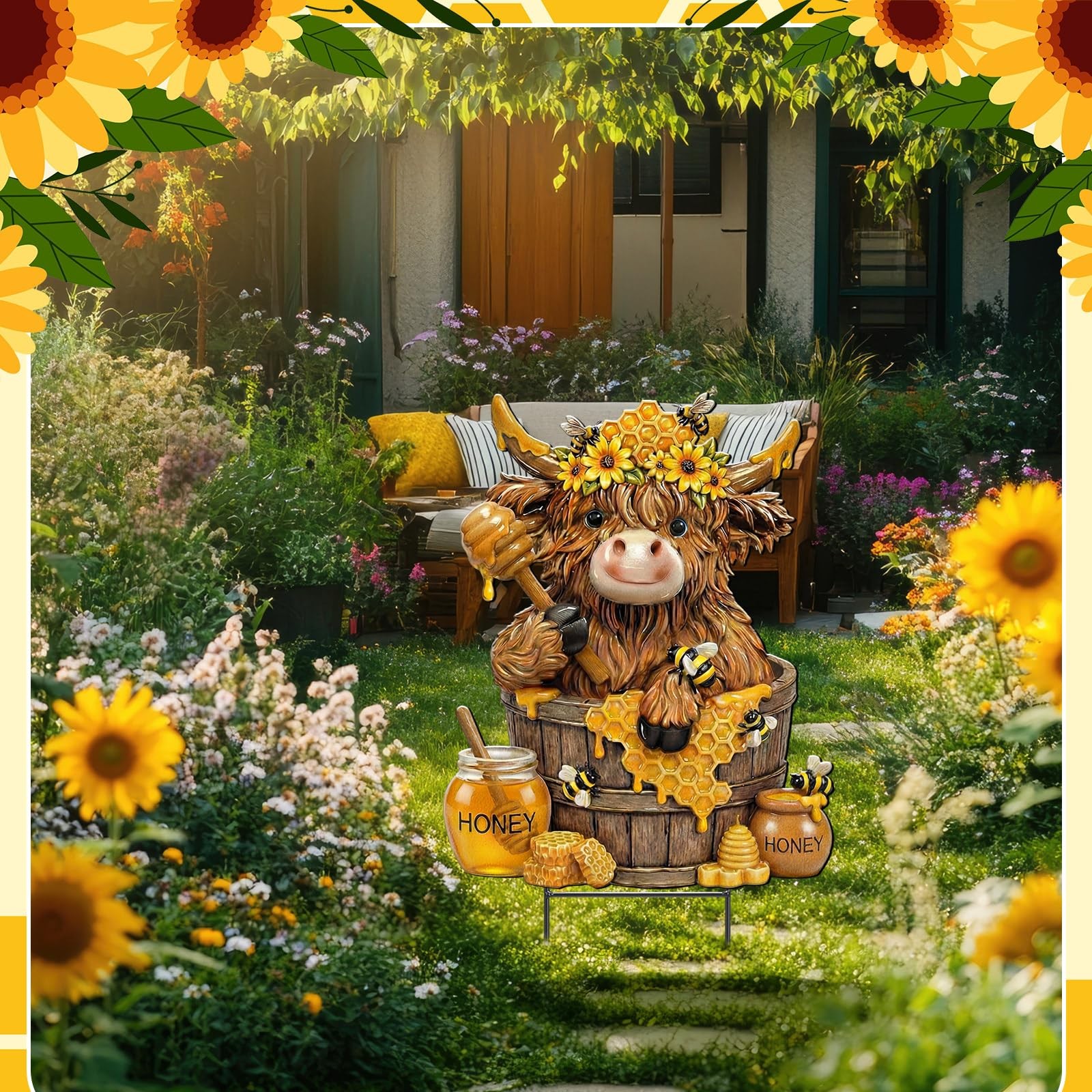 Bee Highland Cow Outdoor Decor Honeybee Cow Metal Garden Stakes Decorative Ru…