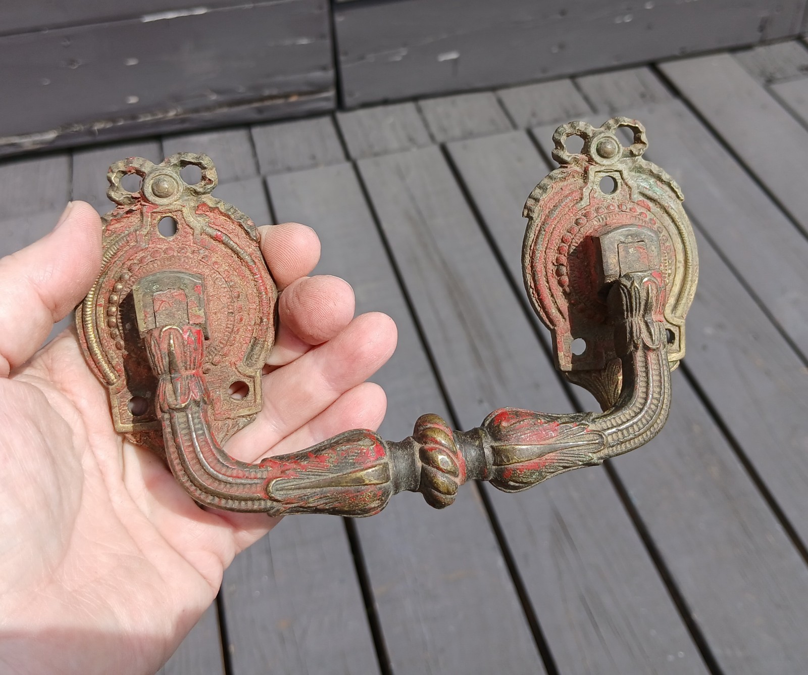 Antique Pair Heavy Cast Brass Hearse or Casket Backplates with Bail Handles 1880