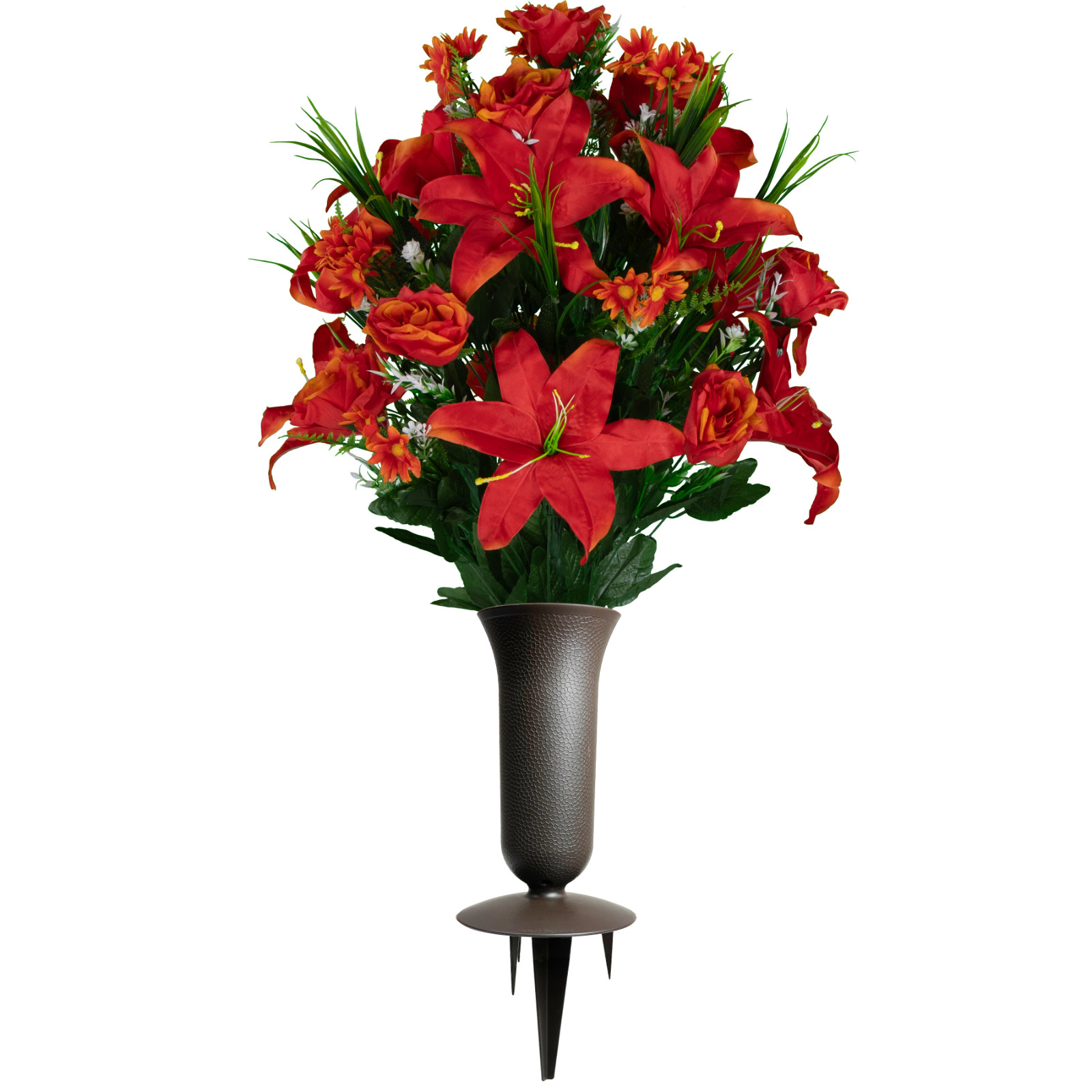 Artificial Cemetery Flowers – Fire Red Lily, Rose, and Daisies Bouquet with Vase