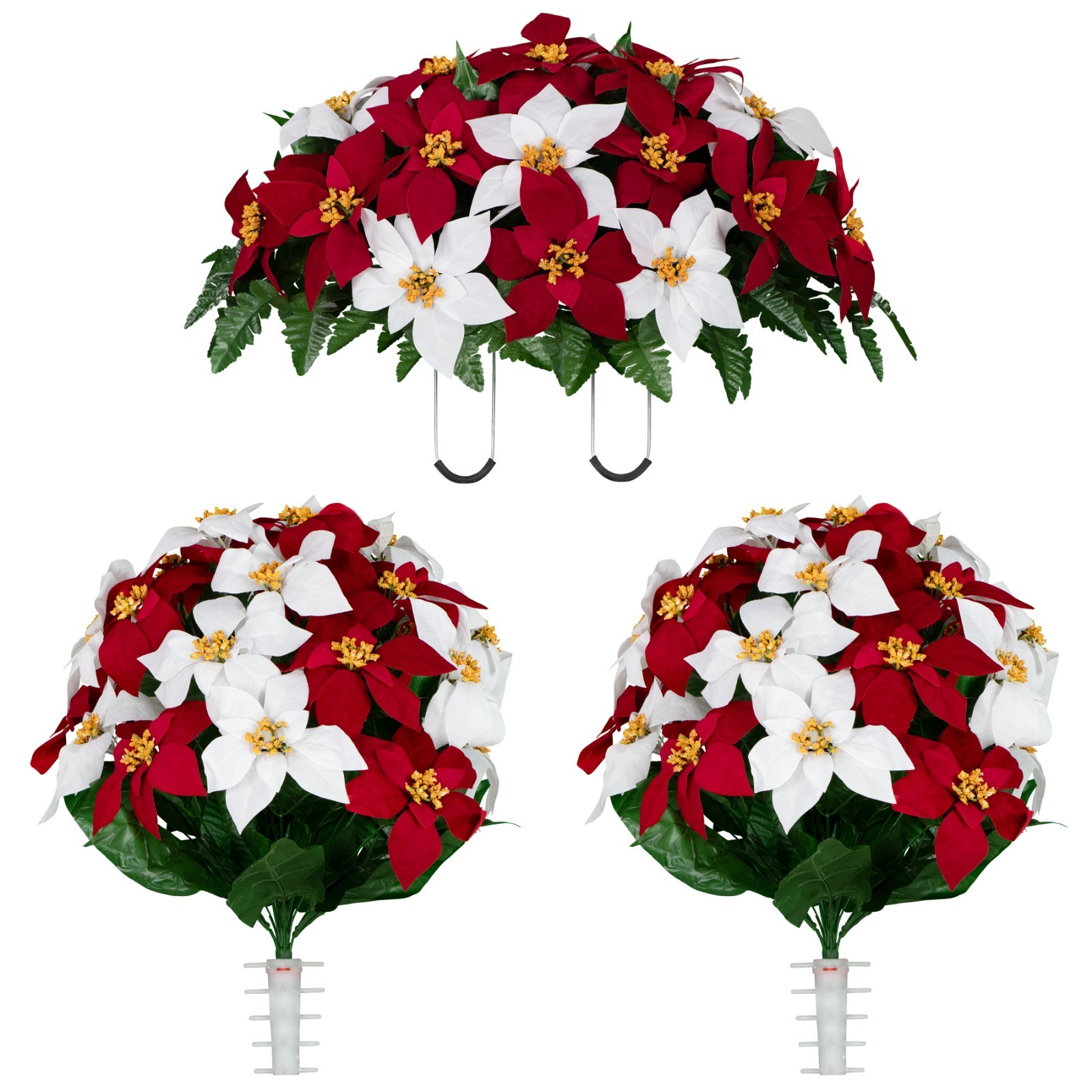Artificial Gravesite Arrangement – Red & White Poinsettia Saddle & Bouquets