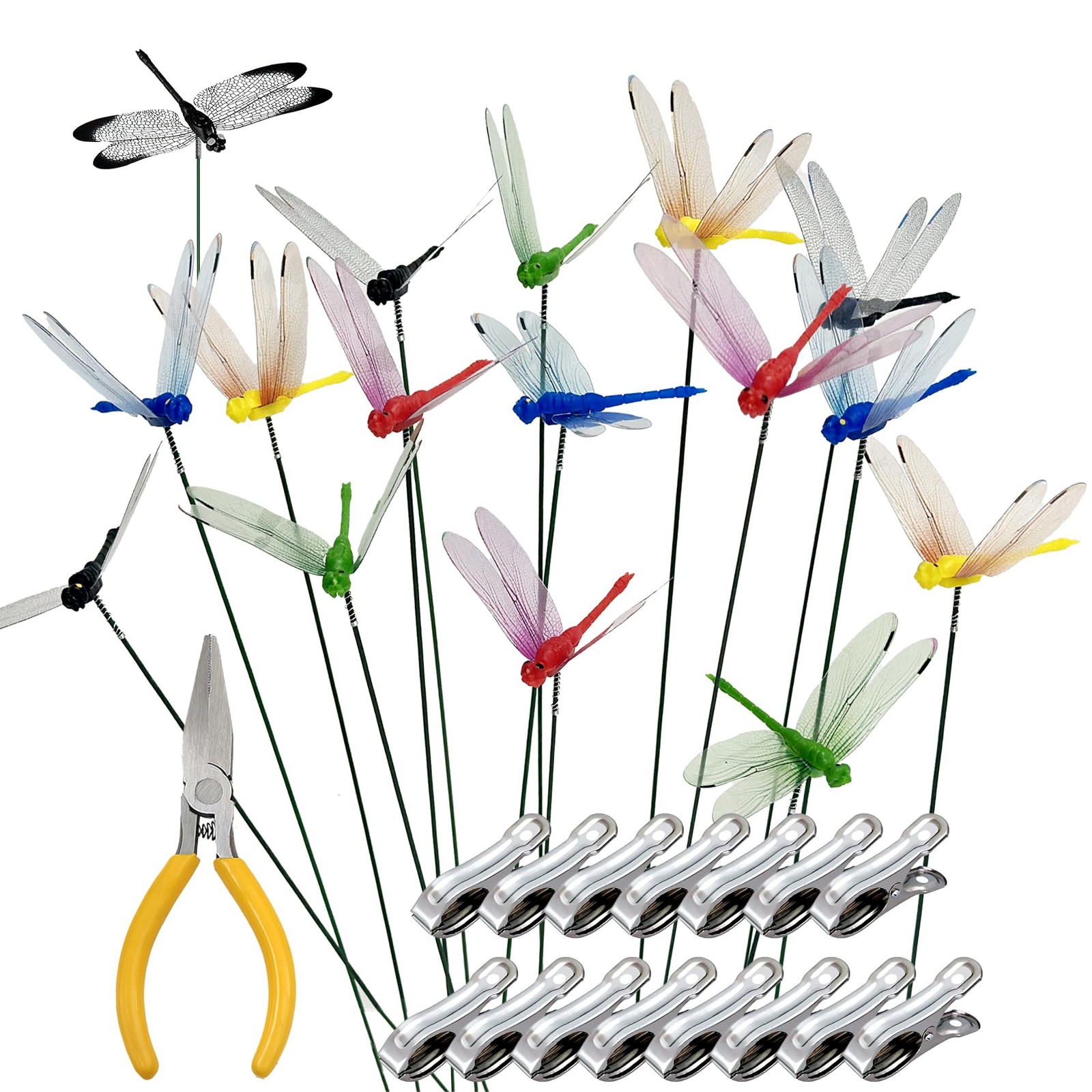 15 Pcs Dragonfly Garden Stakes with Clips, 3D Plastic Fake Dragonfly Garden S…