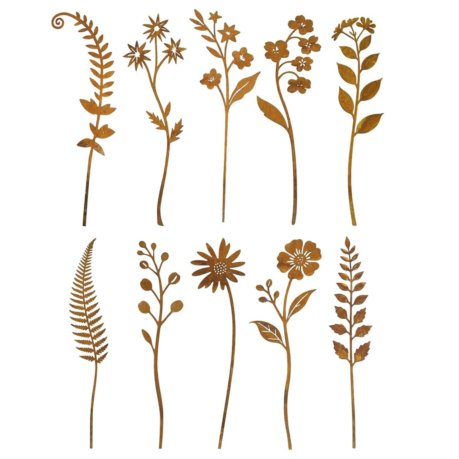 10 Pcs Rusty Metal Flower Garden Stakes,Rustic Metal Fern Leaf Plants,Iron Ar…