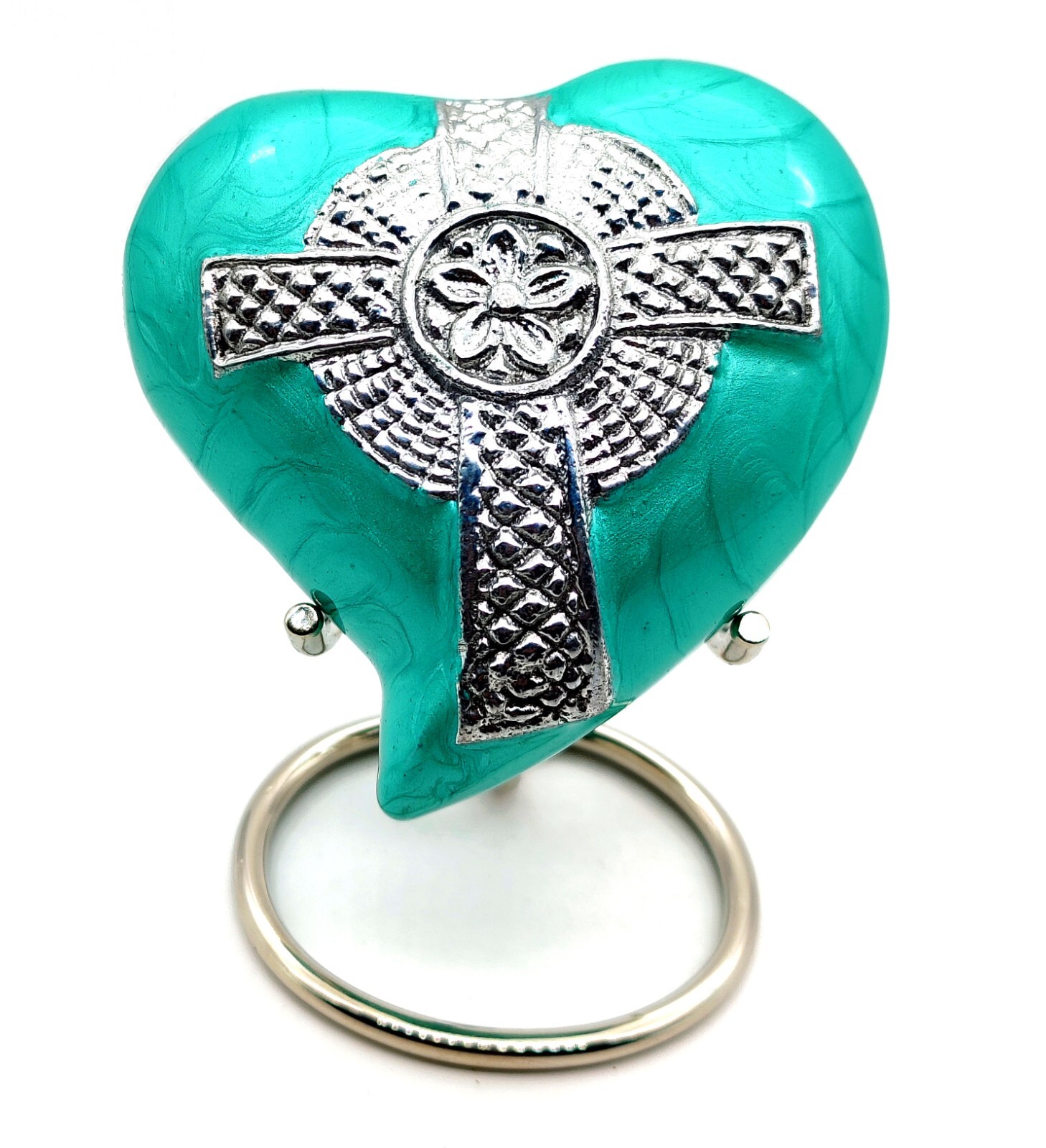 Sea Green Heart Cremation Urn for Human Ashes Adult Decorative Religious Cross..