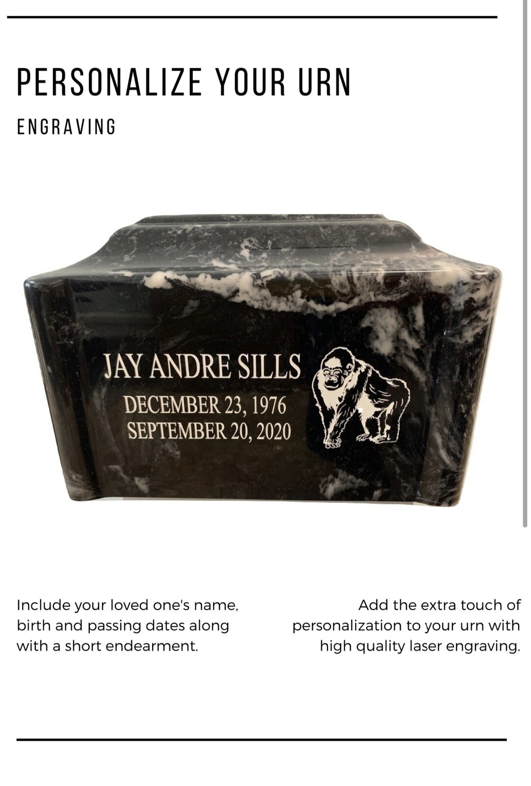 White Cremation Urn Vault w/ Photo & Laser Engraved Name Dates & Picture Emblem