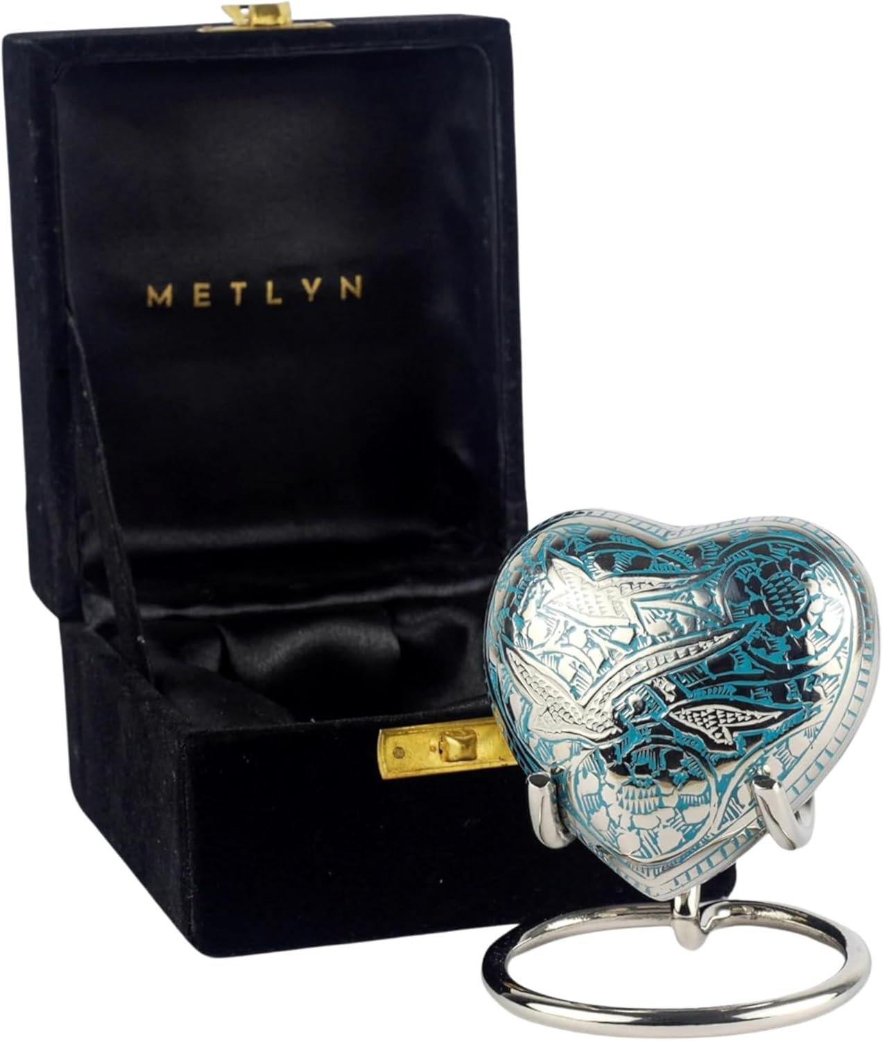 Heart Shaped Brass Small Urn for Human Ashes Keepsake with Engraved Birds – Mini