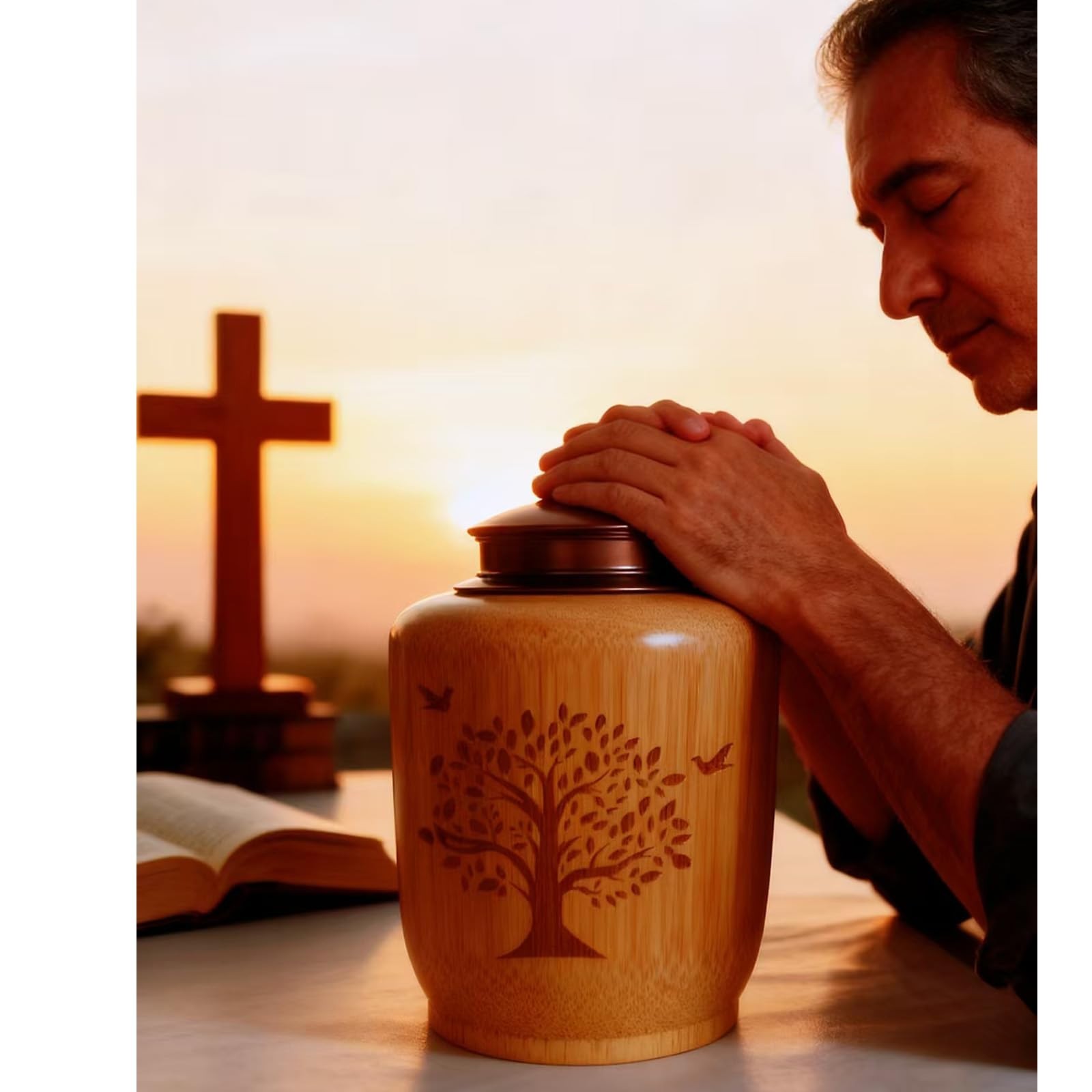 Decorative Bamboo Cremation Urn for Adult Ashes, Tree of Life Design, 80 Cu In