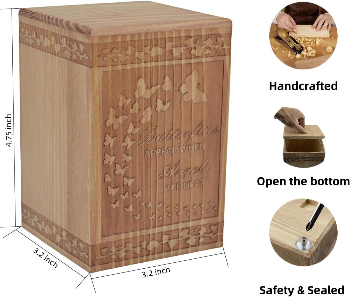 Handmade Wooden Cremation Urn for Ashes with Butterfly Engraving 24 Cubic Inch P