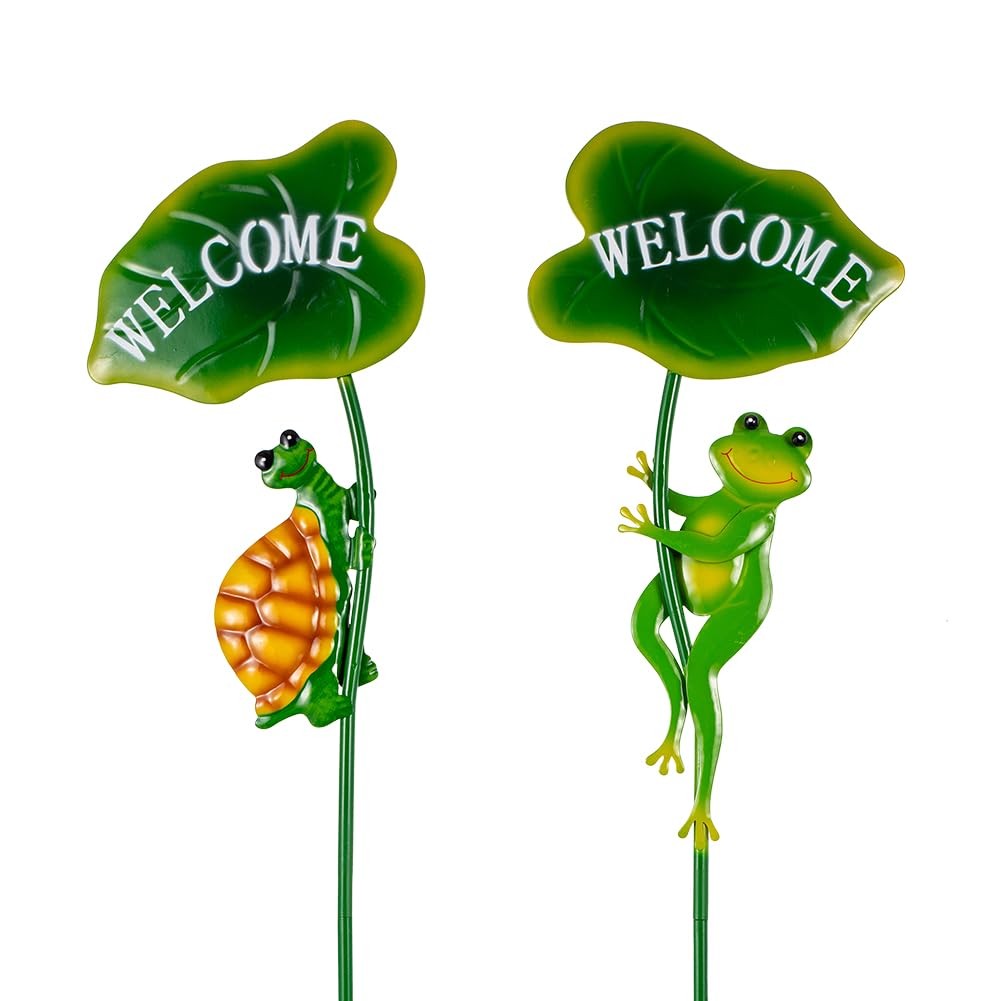 Frog Garden Stakes – Metal Tortoise Yard Art for Outdoor Pathway and Patio