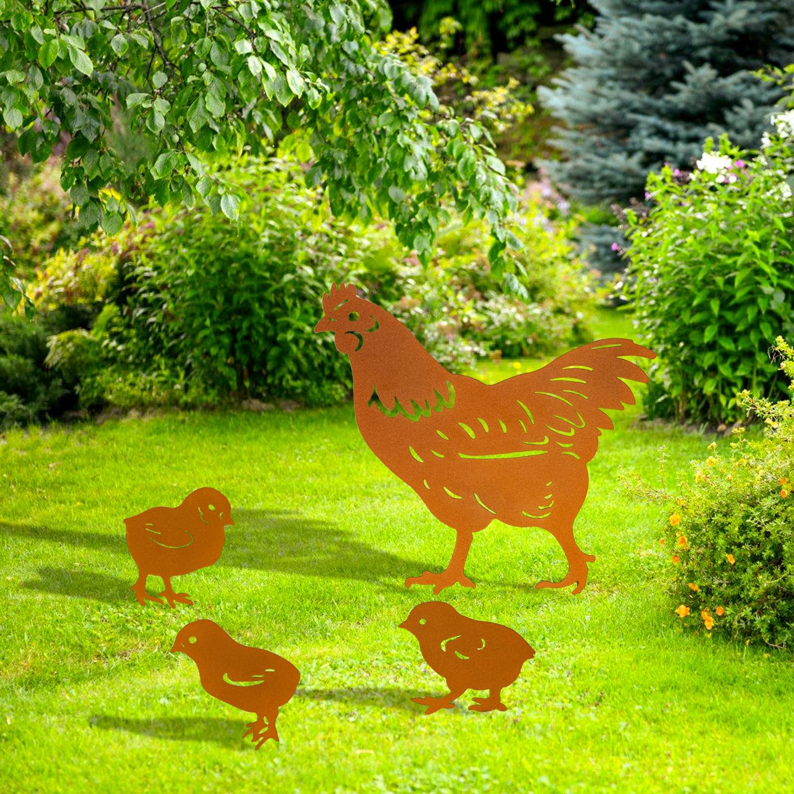 “Chicken Metal Garden Stakes 4 Pcs Hen & Chicks Silhouette Yard Art Decor”
