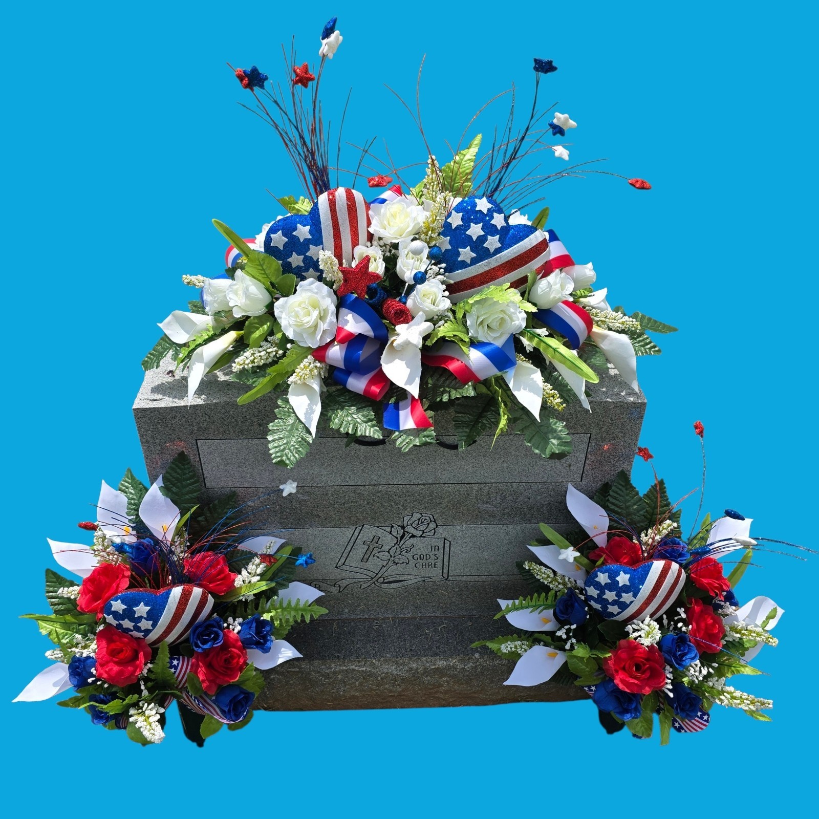 Patriotic Cemetery Headstone saddle And Cones SET with Red/white/Blue HEARTS