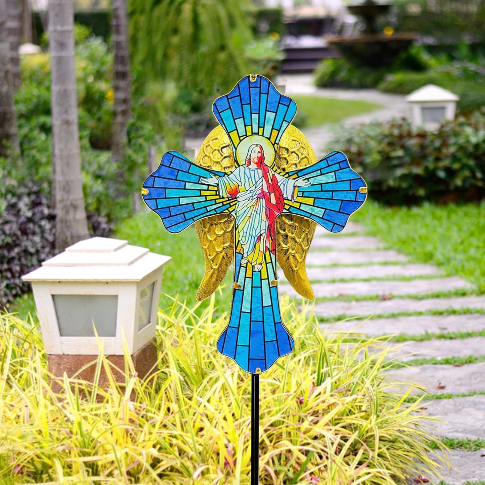 Solar Cross Garden Stake Lights – Metal Angel Wing & Acrylic Memorial Decor
