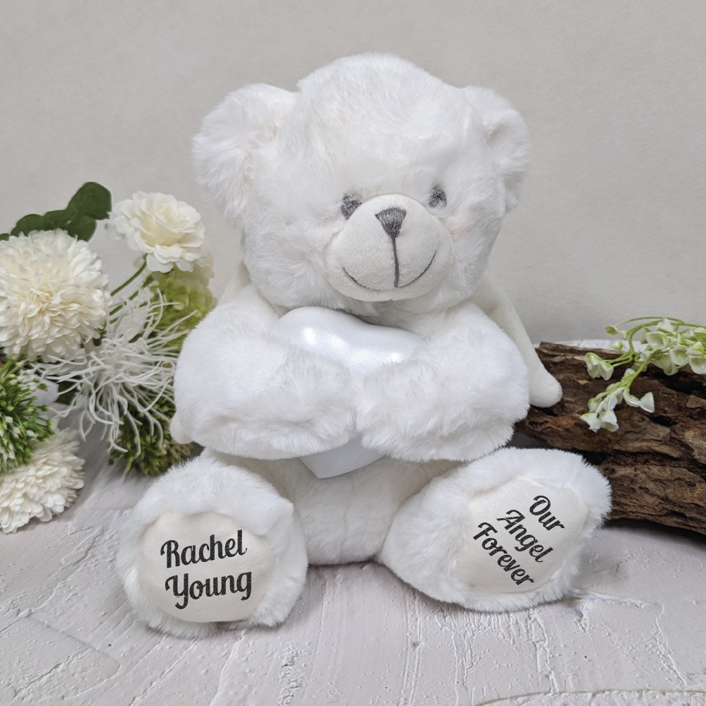 Angel Memorial Bear with White Heart Urn For Ashes, Loss, Sympathy, Bereavement
