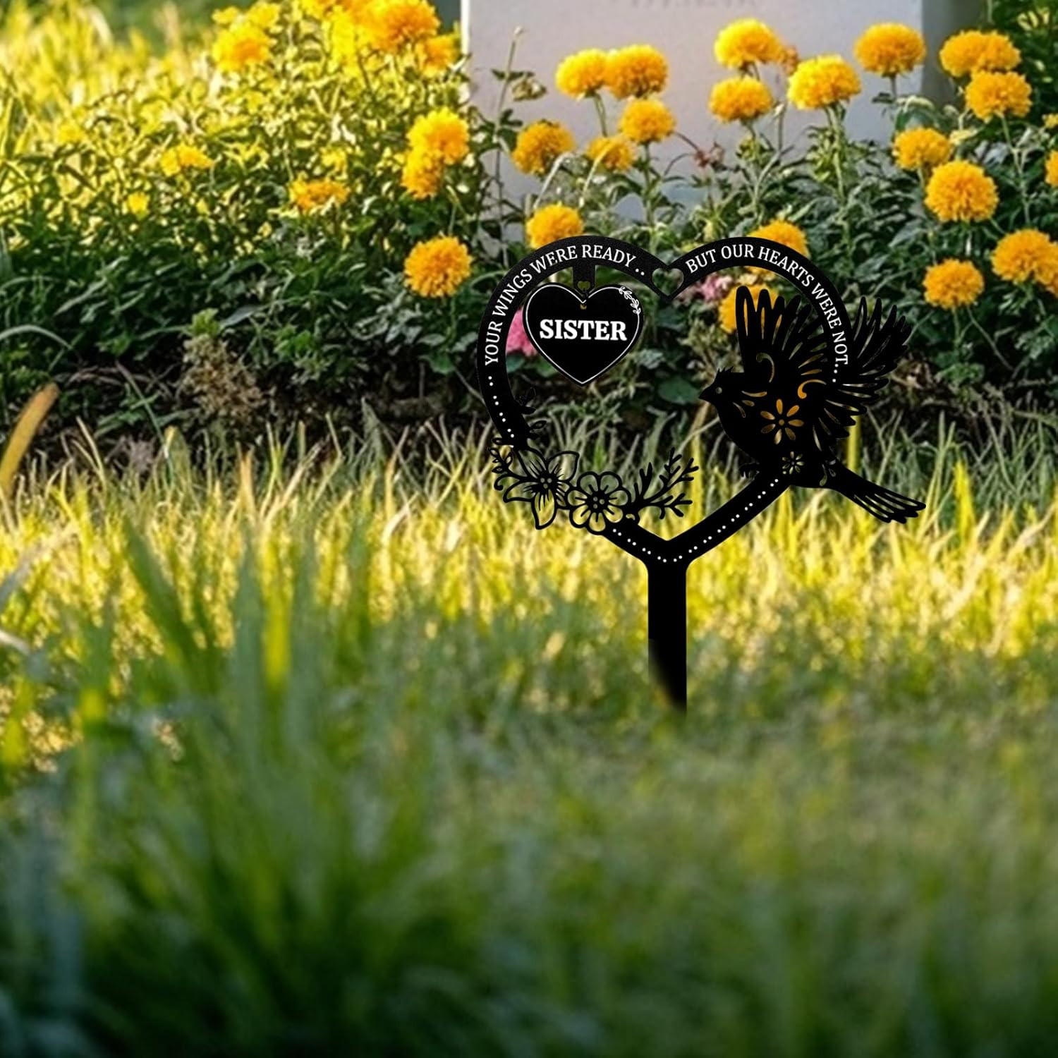 Grave Decorations for Cemetery – Sister Metal Memorial Grave Markers, Heart Memo