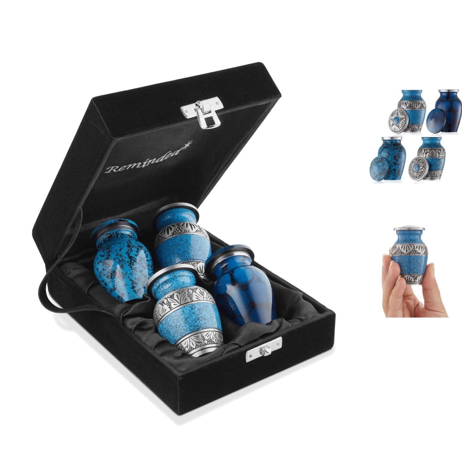 Durable Blue and Silver Mini Cremation Urns with Secure Threaded Lid – Set of 4