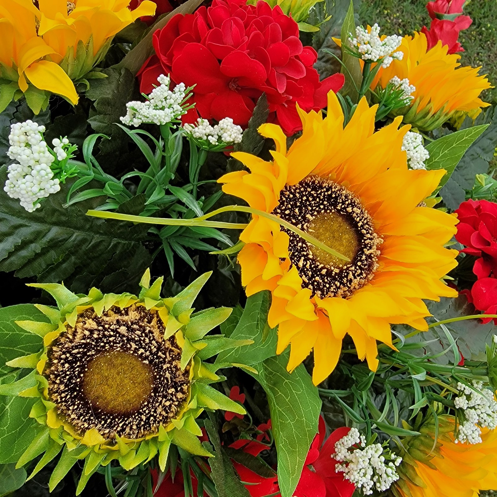 Red Geranium and Yellow Sunflower Memorial Headstone Saddle