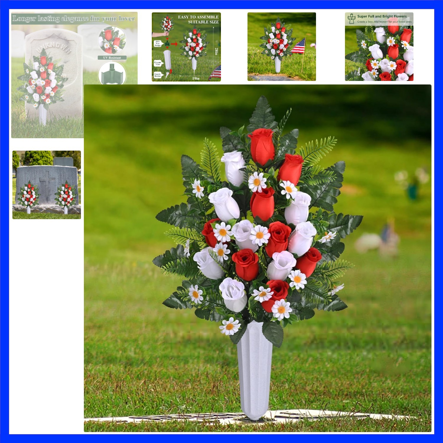 2 Sets Artificial Cemetery Flowers for Grave, Realistic Grave Flowers Memoria…