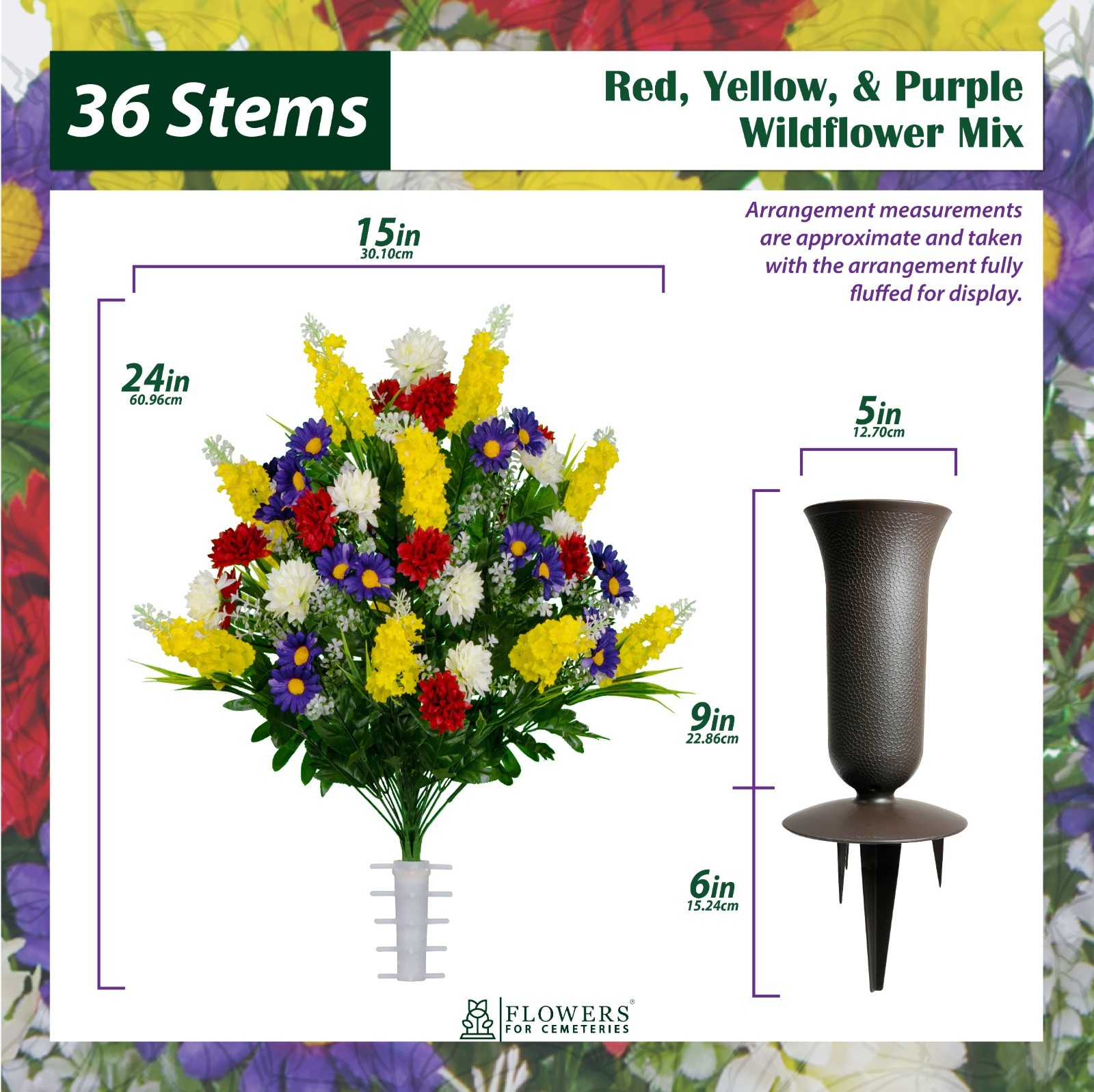 Artificial Cemetery Flowers – Yellow Red Wildflowers with Cemetery Vase Included