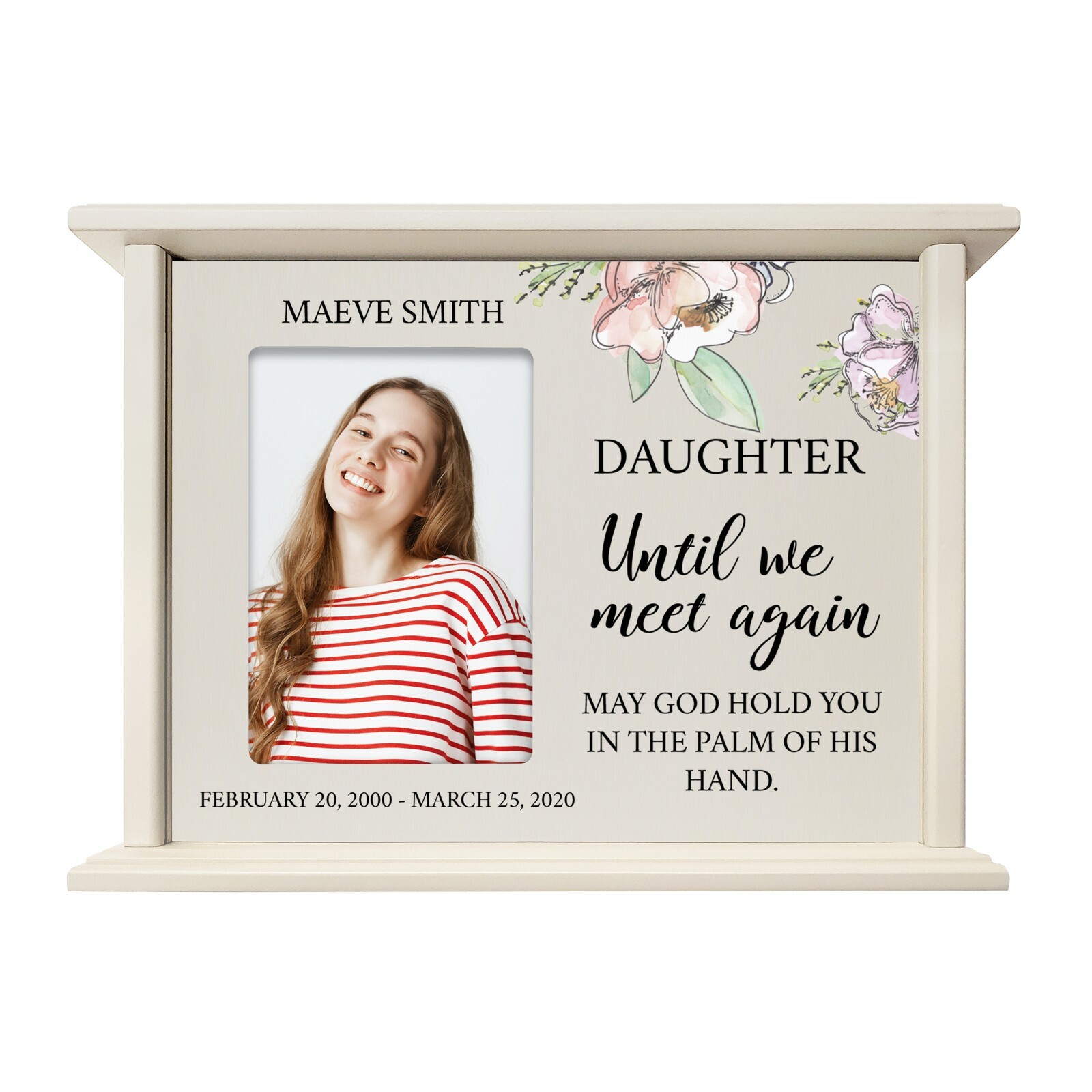 Custom Cremation Urn Box Holds 200 cu in w/ 4×6 Photo – Until We Meet (Daughter)