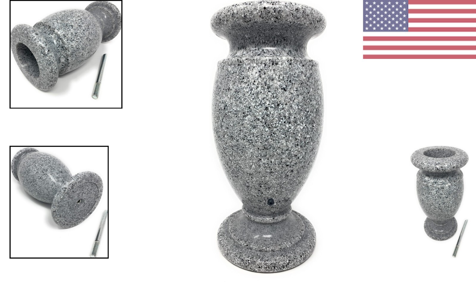Indestructible Grey Granite Cemetery Vase with Metal Spike – Made in the USA
