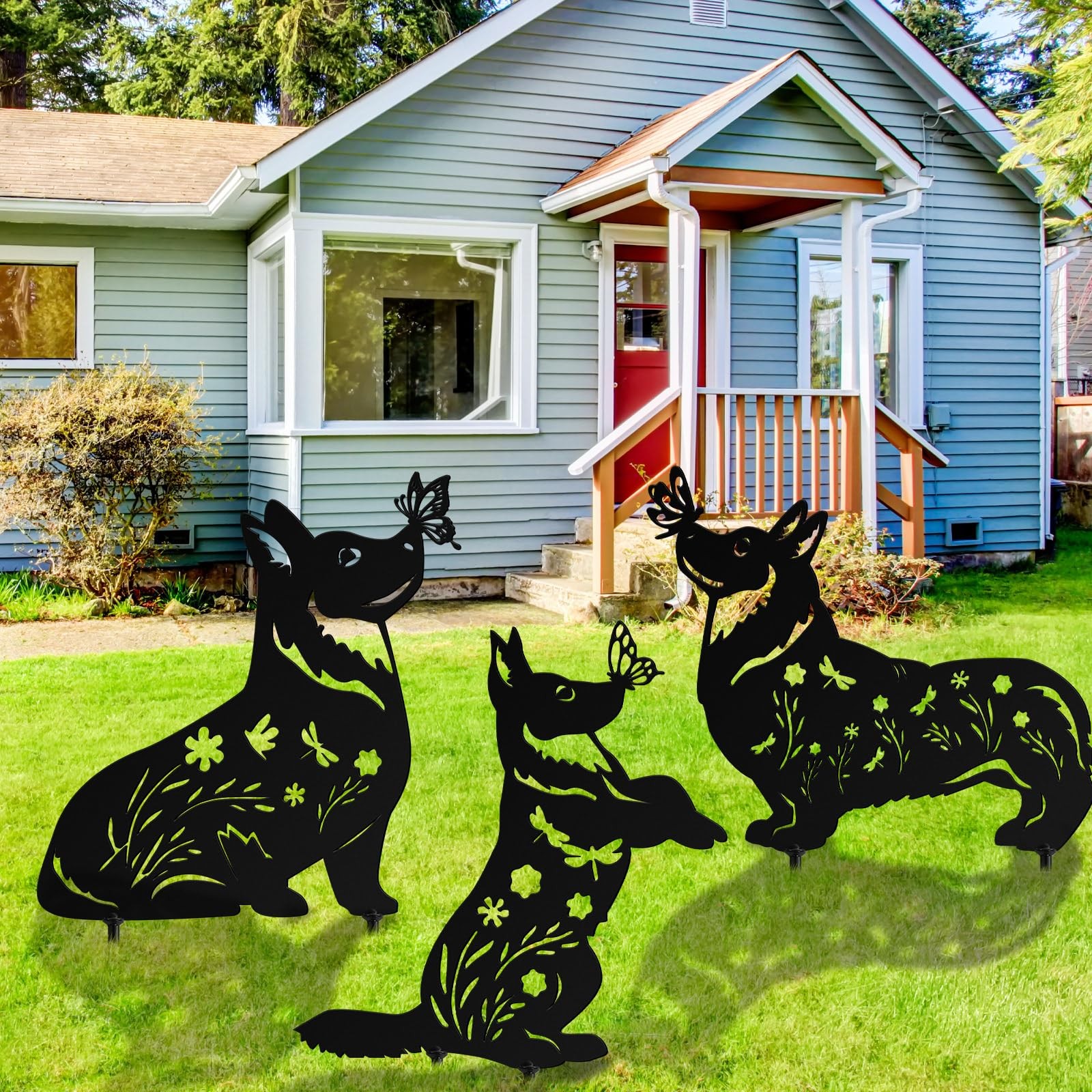 Corgi Metal Dog Garden Decor – 3 Pcs Outdoor Statues for Lawn and Patio Art