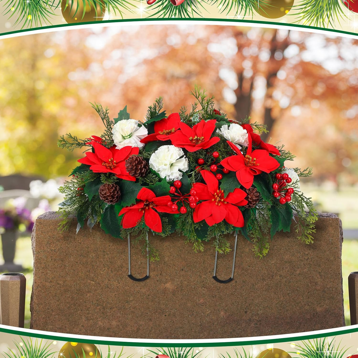 Elegant Red Poinsettia Grave Decorations for Christmas Memorials