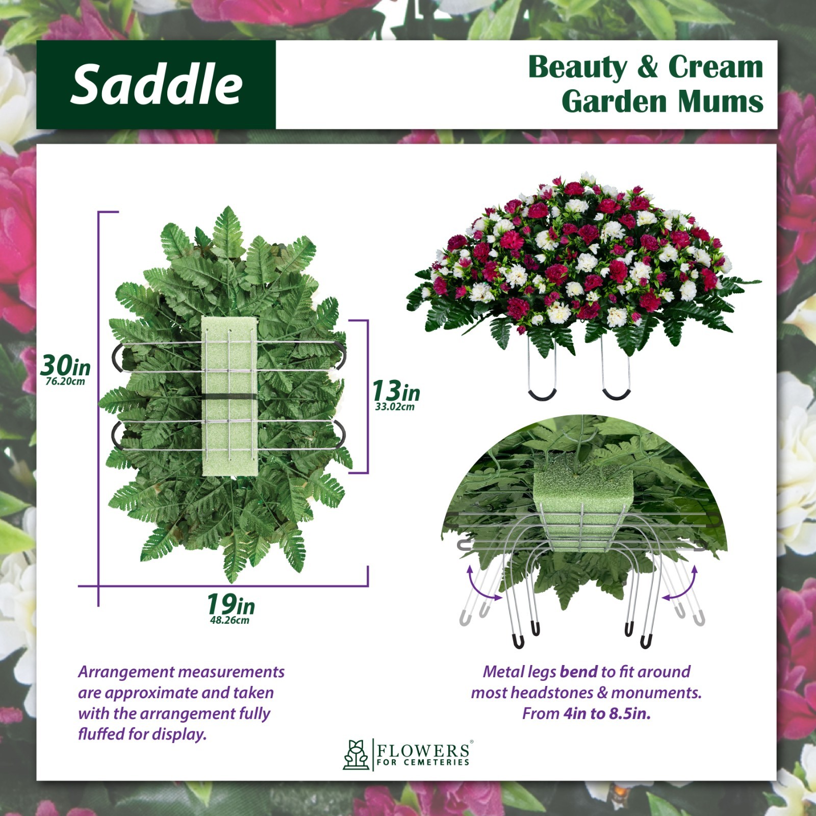 Artificial Cemetery Flowers – Beauty & Cream Garden Mums Saddle & Bouquet