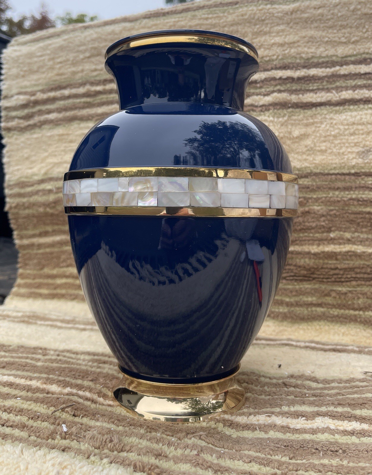 Blue Mother Of Pearl Brass Large Cremation Urn For Ashes