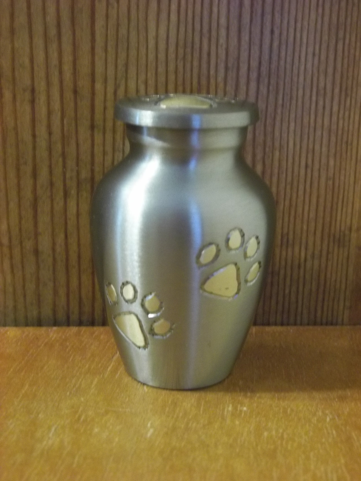 Pewter w/Gold Walking Paw Prints Solid Brass Keepsake Token Mini Pet Urn~Cat/Dog